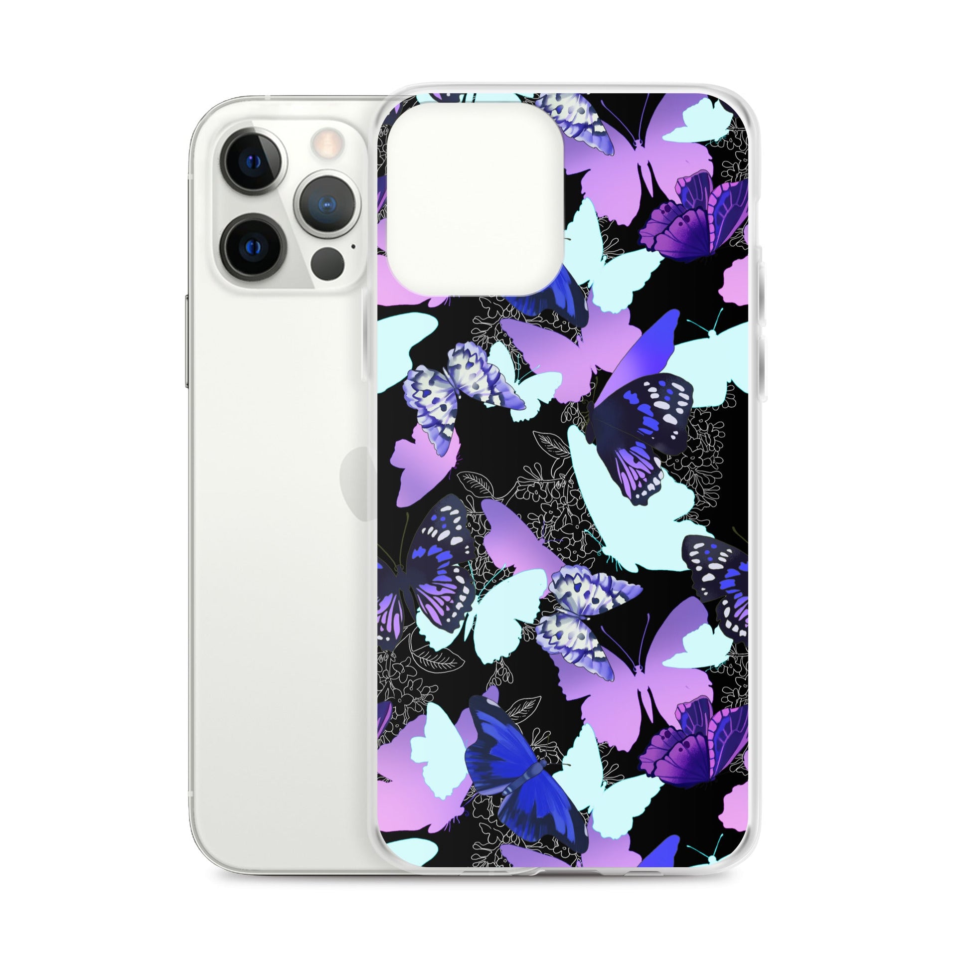 Butterfly iPhone® Clear Case featuring vibrant butterflies, offering sleek protection and easy access to ports.