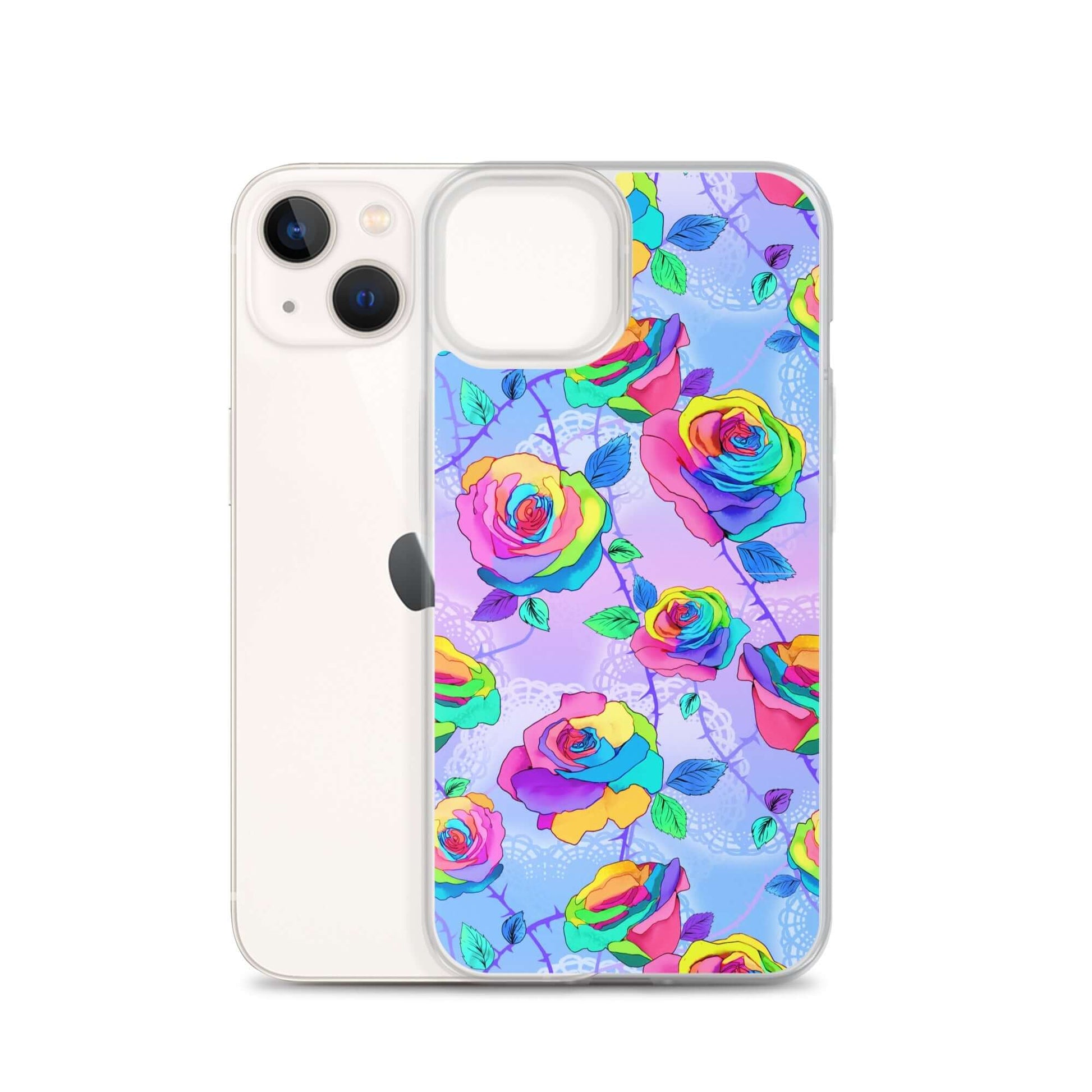 Vibrant Enchanted Rose iPhone® Clear Case showcasing colorful roses, designed for style and protection from daily wear.