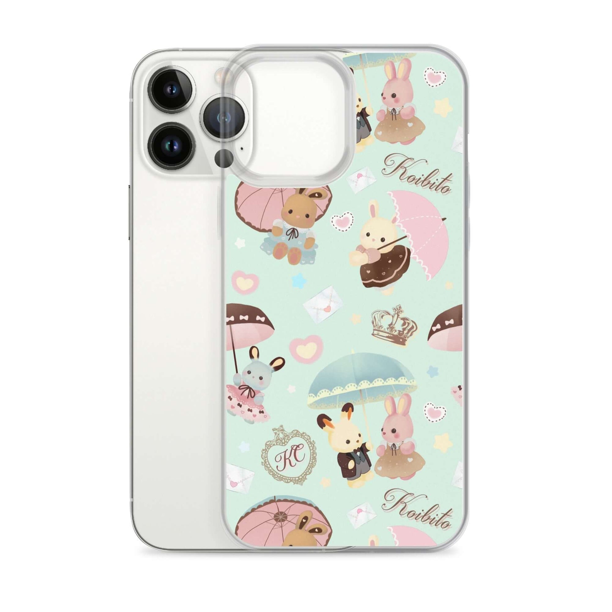 Stylish Parasol Bunny iPhone® Clear Case features adorable bunnies and umbrellas, offering sleek protection for your device.