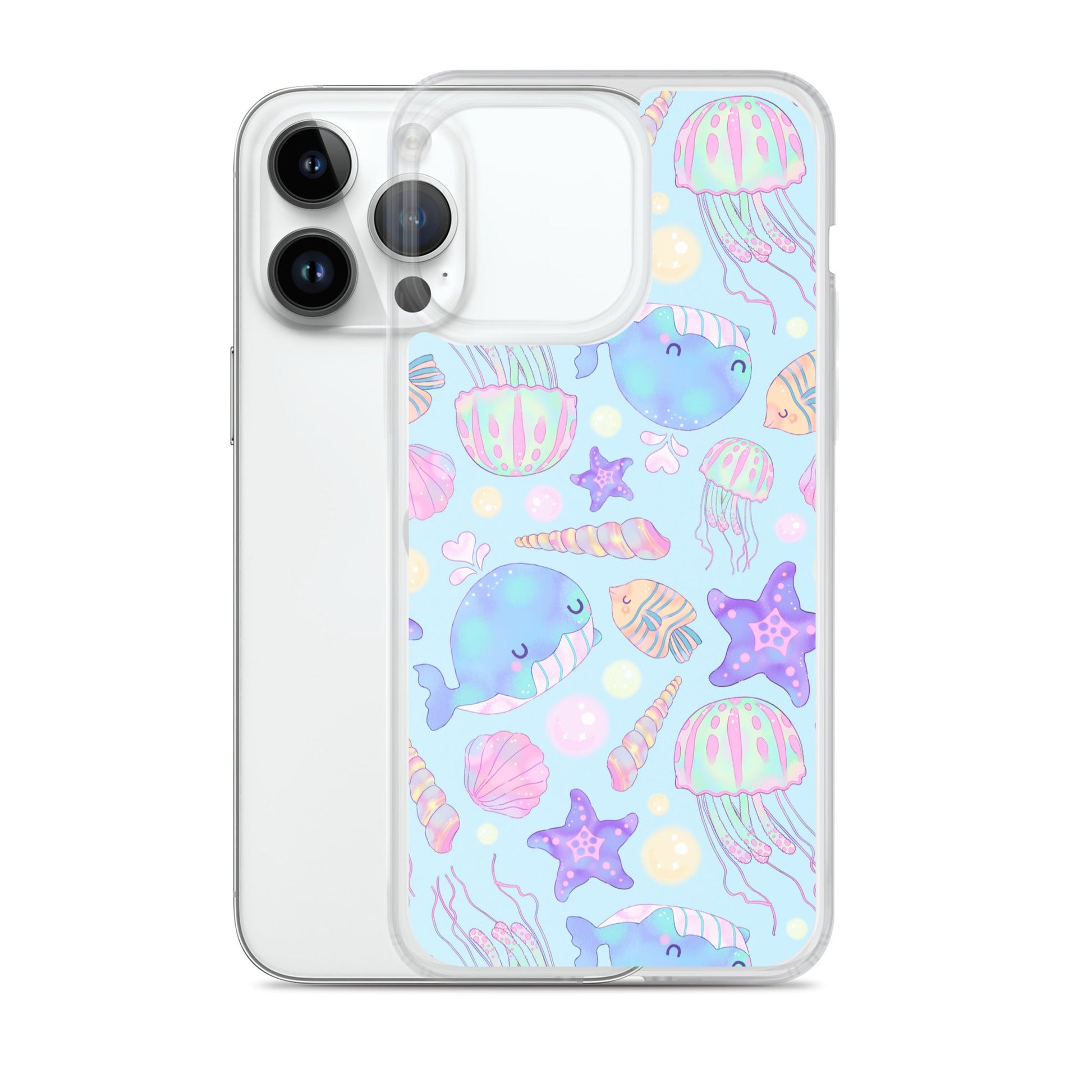 Colorful Under the Sea iPhone® Clear Case features marine life design, protecting your phone from scratches and dirt.