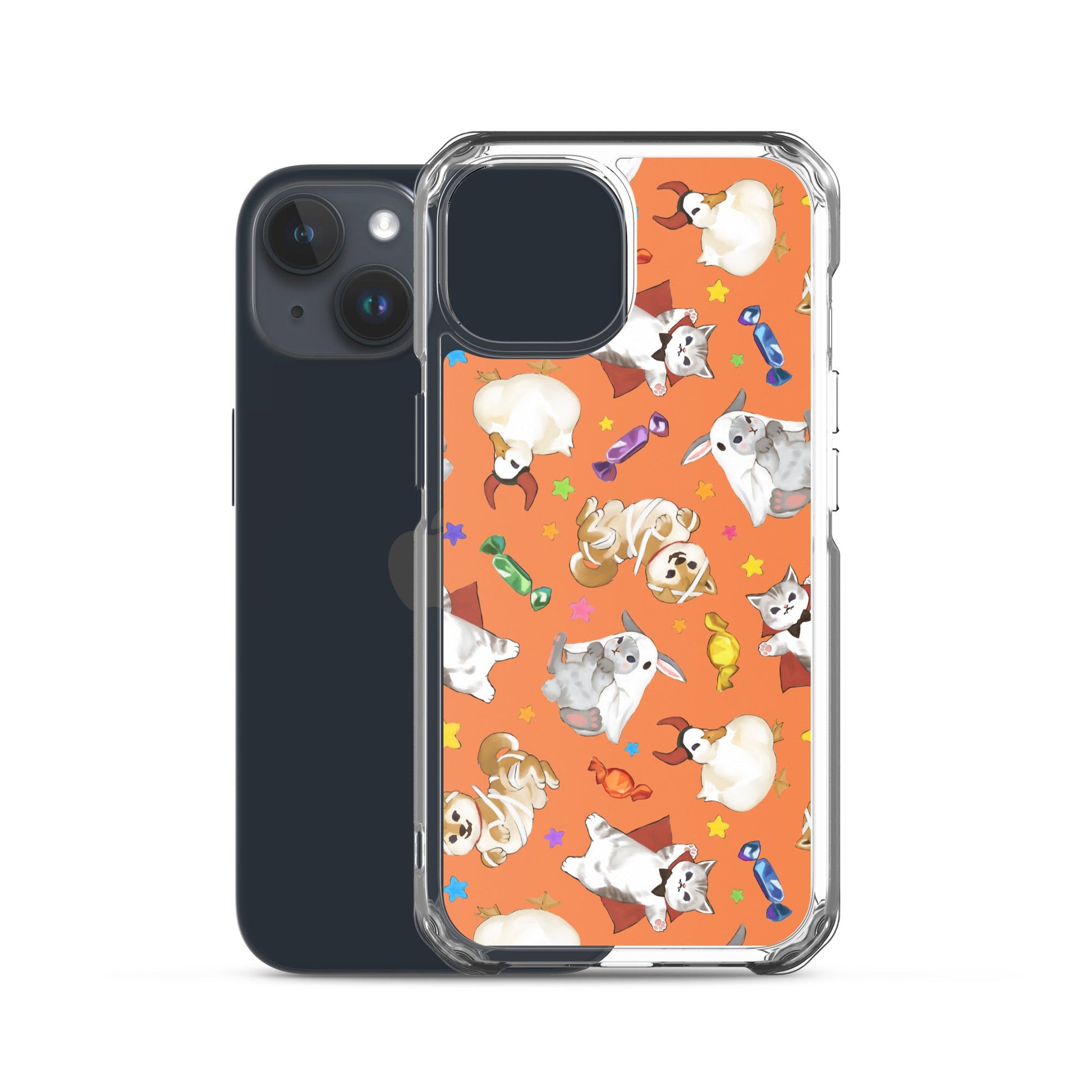 Trick or Treaters iPhone® Clear Case showcases playful pet design while offering durable protection for your device.