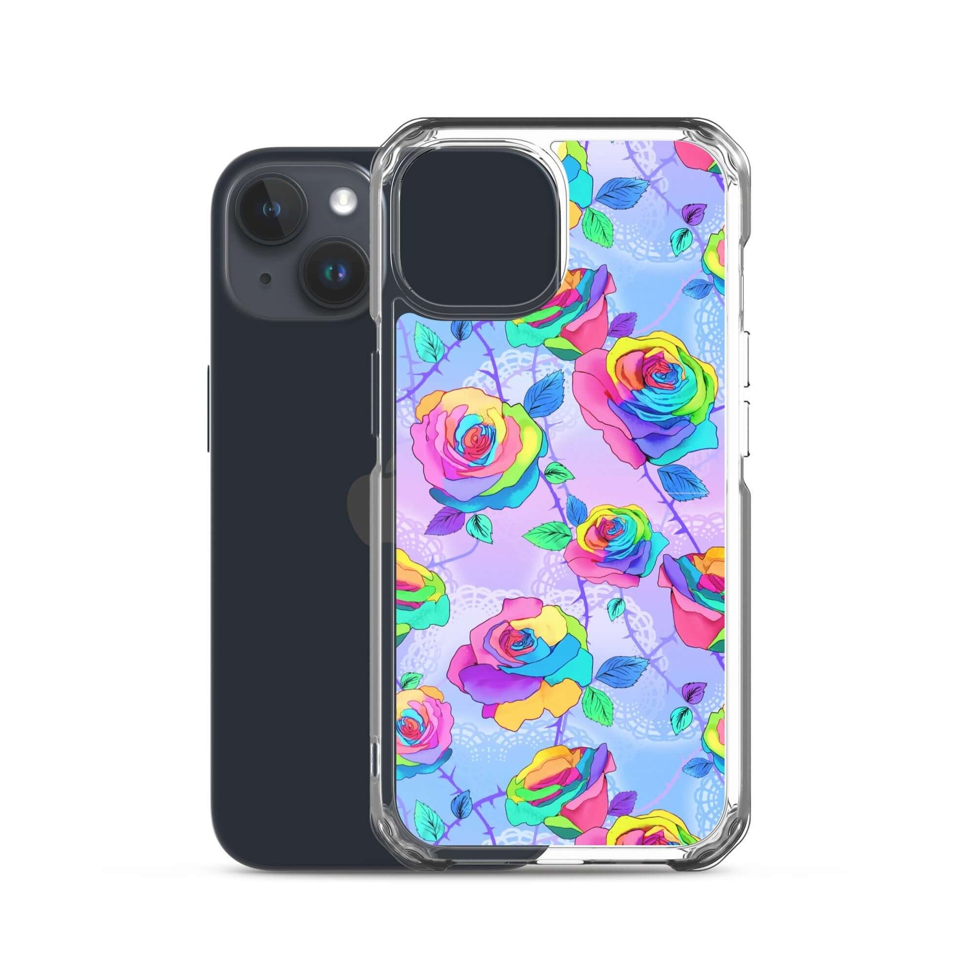Stylish Enchanted Rose iPhone® Clear Case featuring vibrant roses, perfect for protection and easy access to ports.