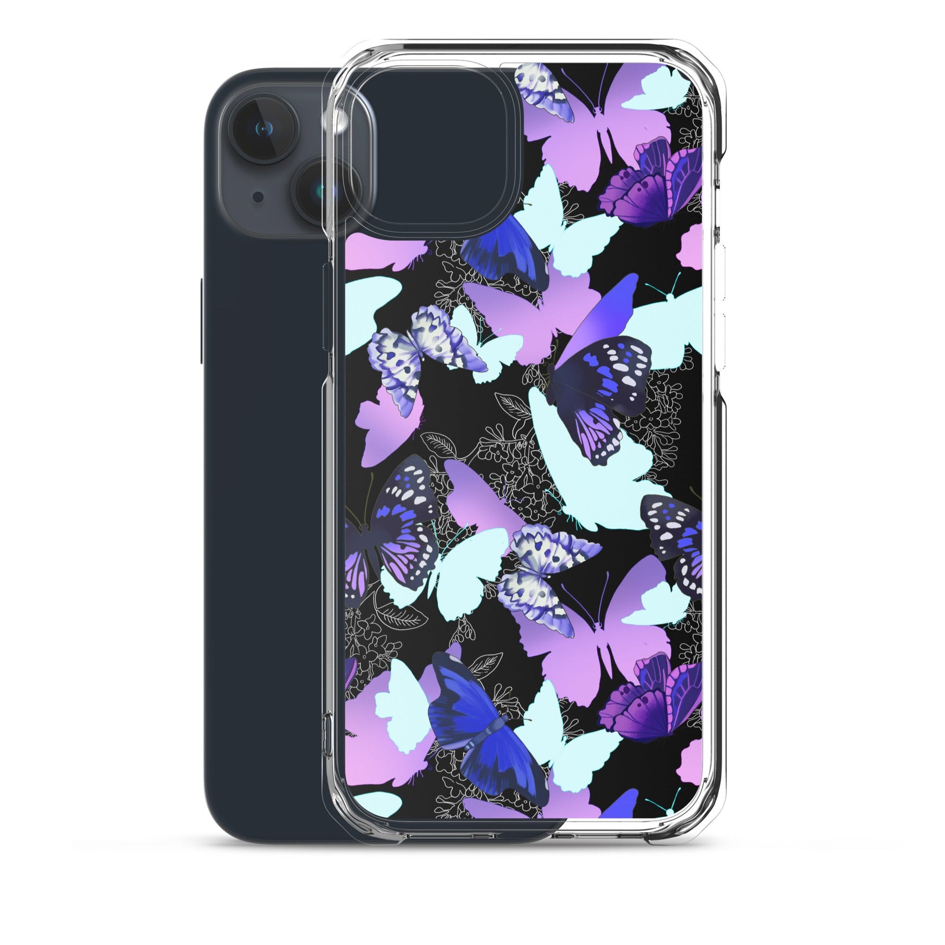 Stylish Butterfly iPhone® Clear Case featuring vibrant butterflies, offering protection against scratches and dust.