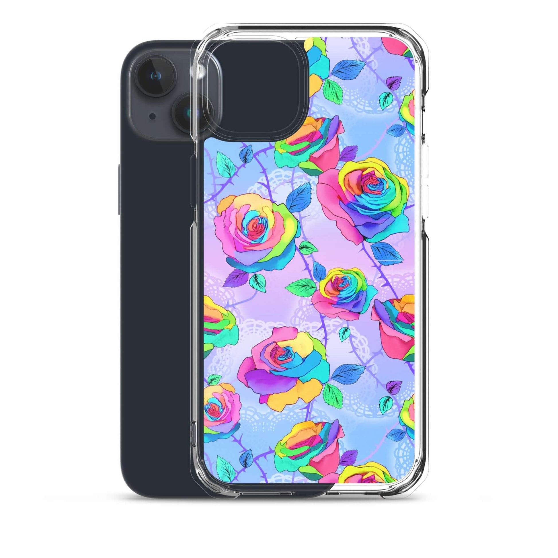 Showcasing the Enchanted Rose iPhone® Clear Case, designed for protection and style with vibrant rose patterns.