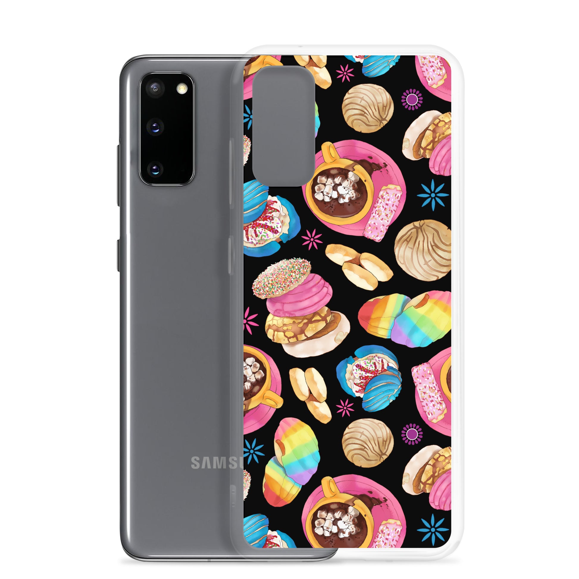 Colorful Pan Dulce Samsung® Clear Case featuring vibrant baked treats, perfect for protecting your Samsung phone.