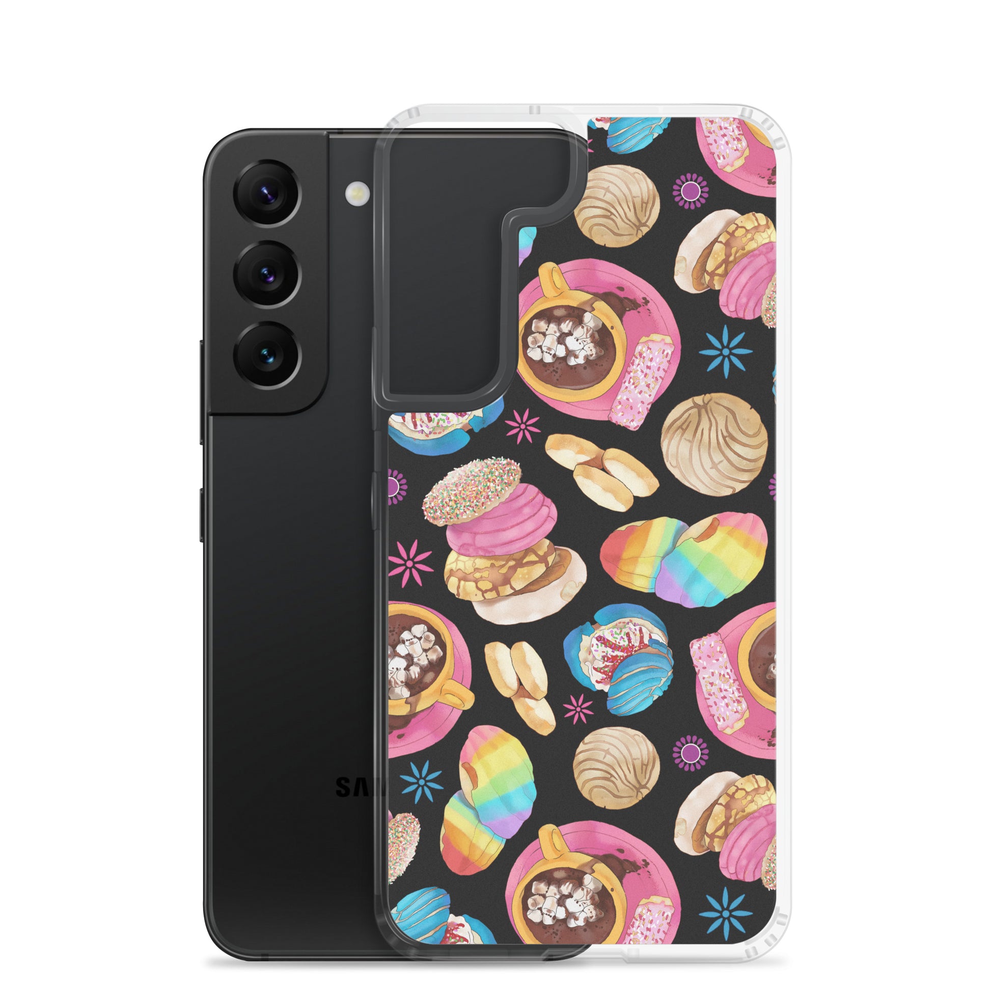 Colorful Pan Dulce Samsung® Clear Case featuring baked treats design, perfect for protecting your phone stylishly.