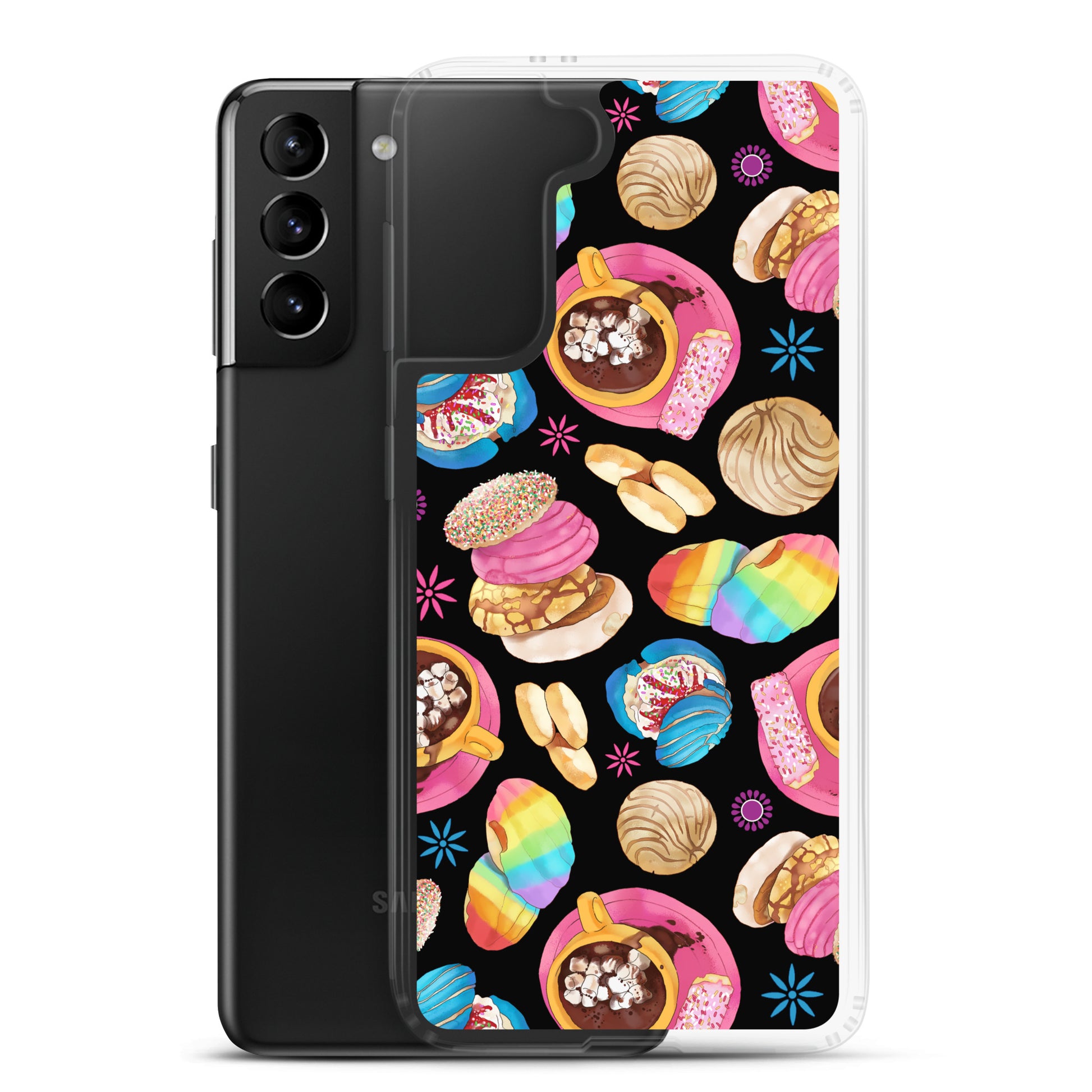 Colorful Pan Dulce Samsung® Clear Case showcasing delicious treats, perfect for protecting your Galaxy S21+ with style.