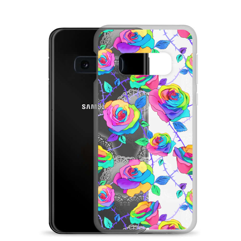 Protect your phone stylishly with the Enchanted Rose Samsung® Clear Case (Transparent), featuring vibrant floral designs.