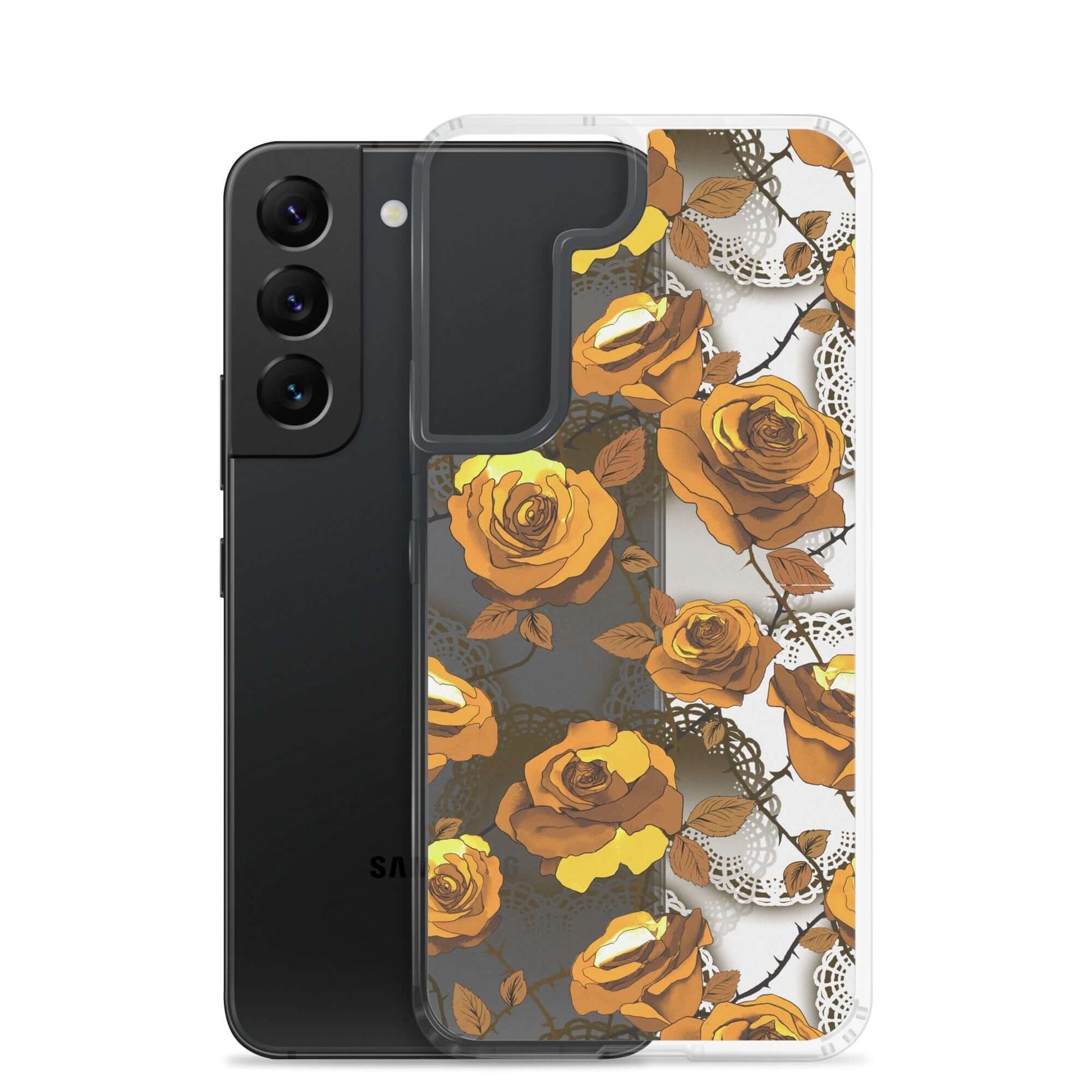 Protect your phone with the Enchanted Rose Samsung® Clear Case (Transparent), showcasing a floral design and durability.