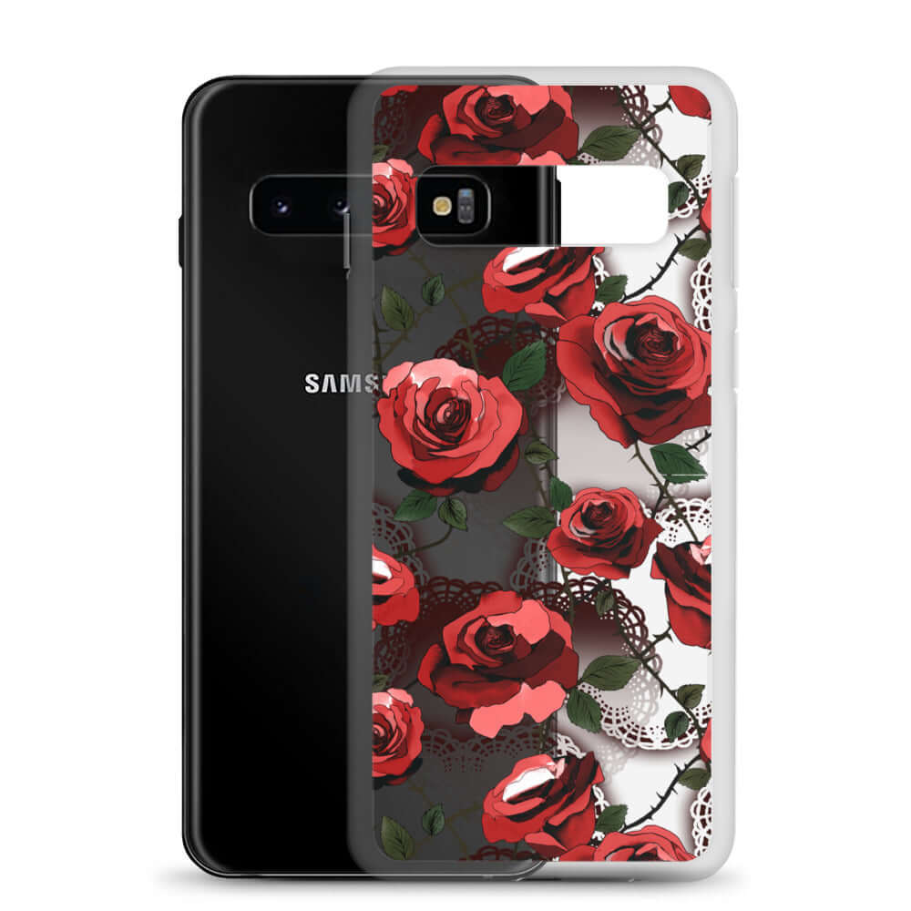 Protect your phone stylishly with the Enchanted Rose Samsung® Clear Case (Transparent), featuring a beautiful rose design.
