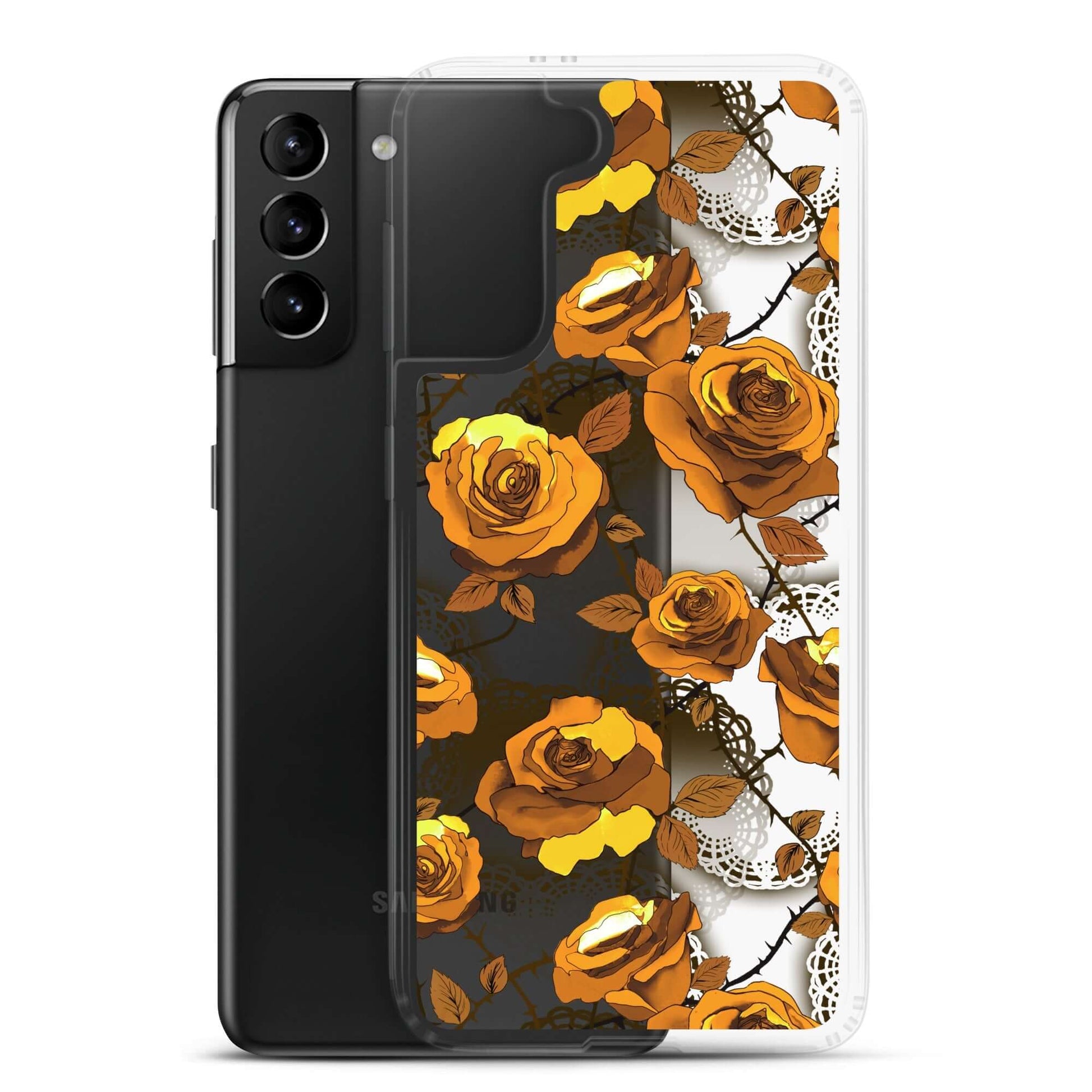 Protect your phone stylishly with the Enchanted Rose Samsung® Clear Case (Transparent), featuring a chic floral design.