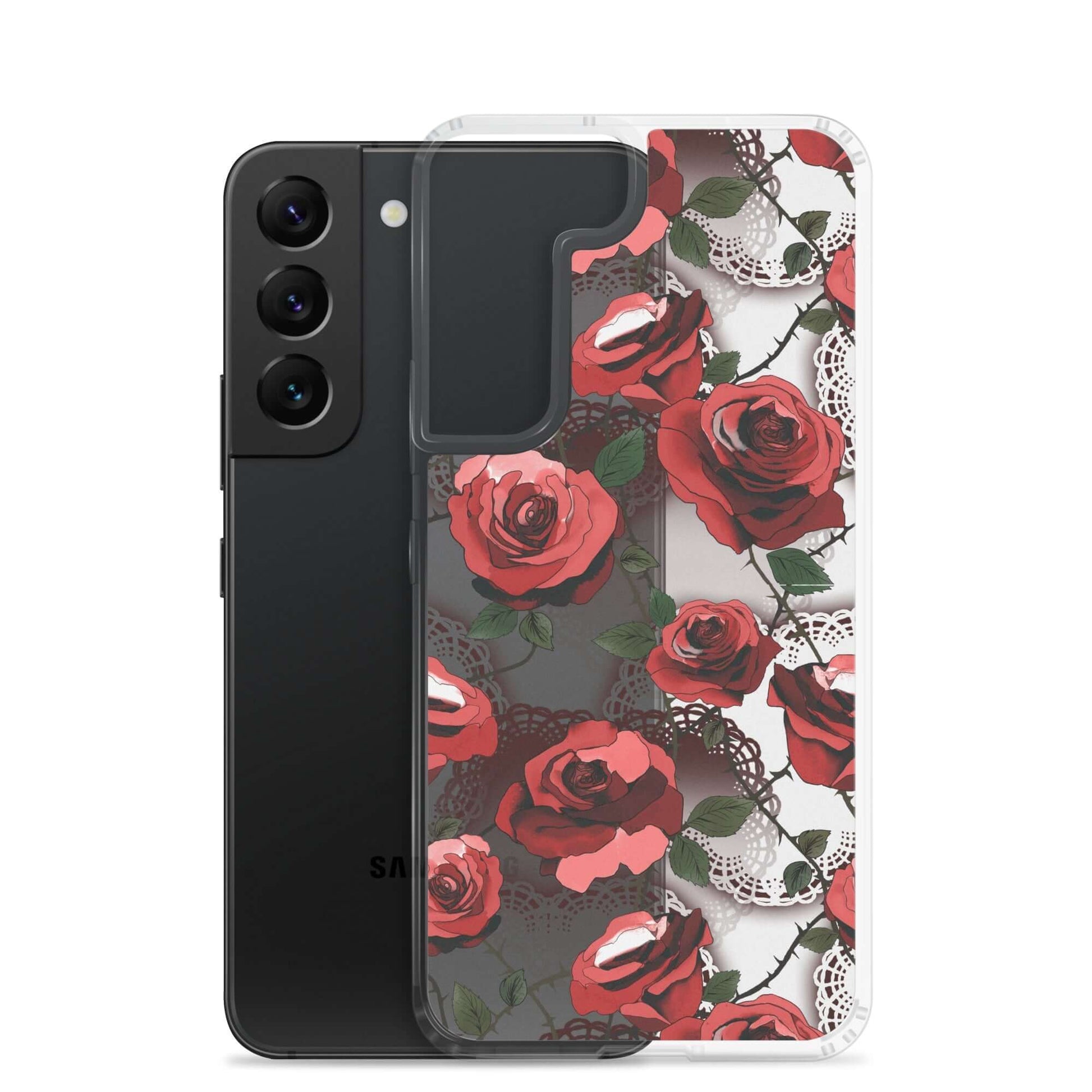 Protect your device with the Enchanted Rose Samsung® Clear Case (Transparent), featuring a sleek design and rose pattern.