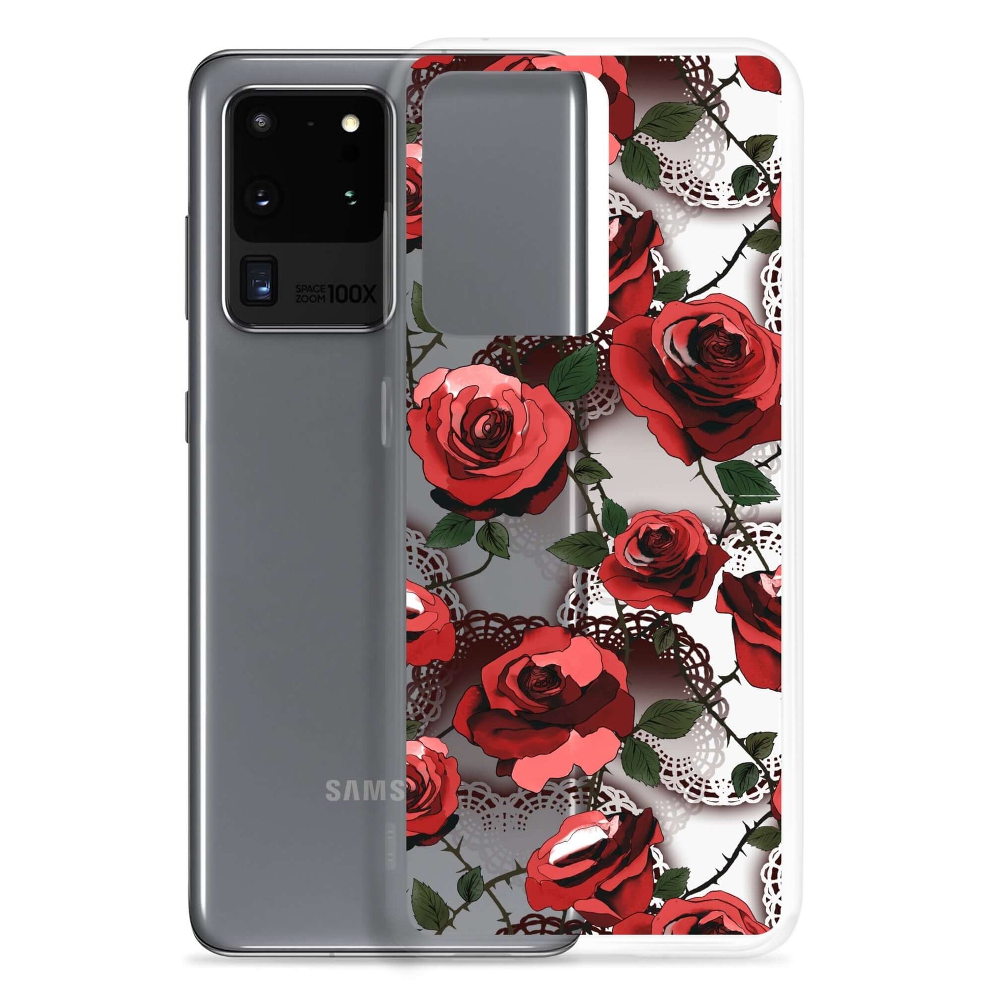 Protect your phone stylishly with the Enchanted Rose Samsung® Clear Case (Transparent), featuring vibrant rose designs.