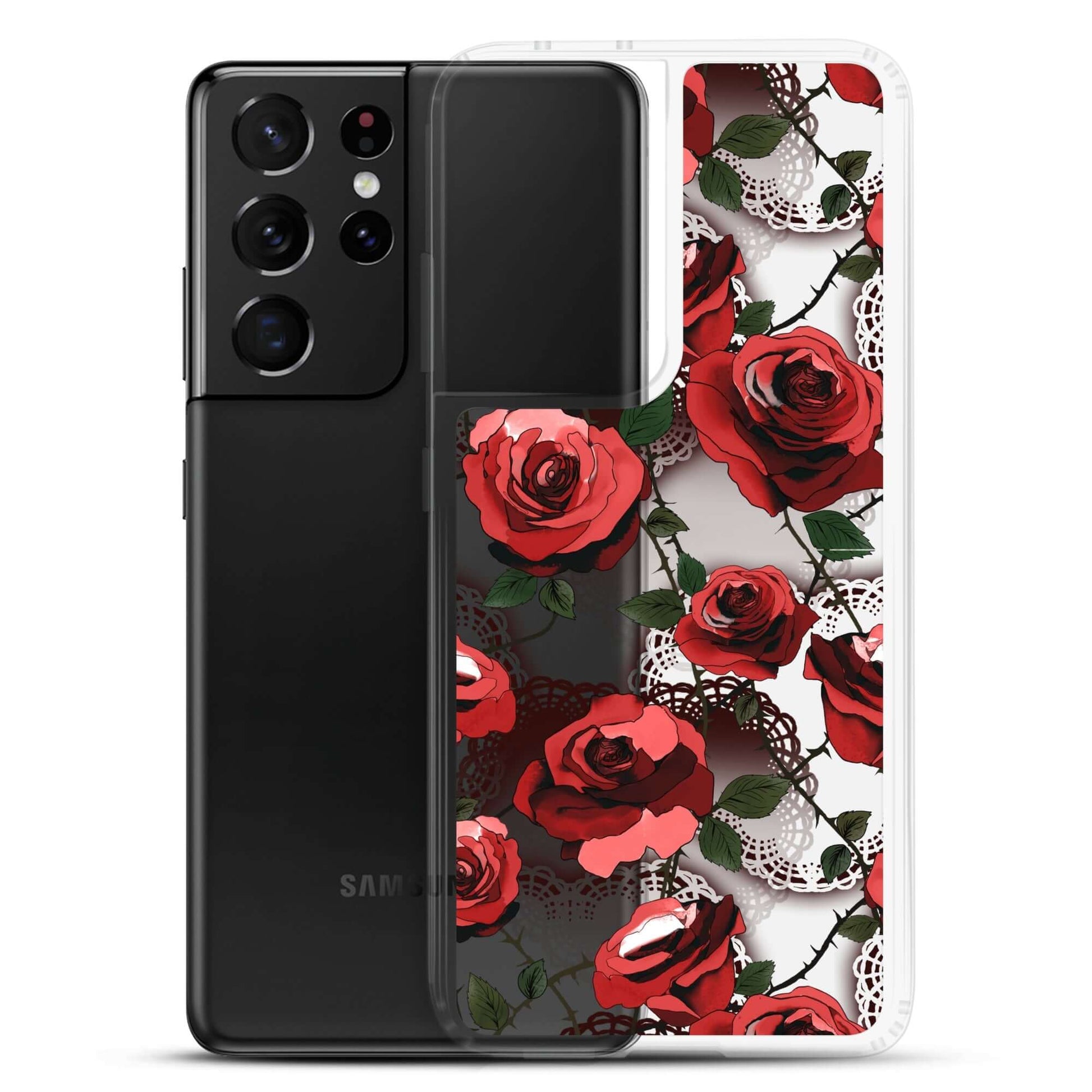 Protect your phone with the Enchanted Rose Samsung® Clear Case (Transparent), featuring a stylish rose design.