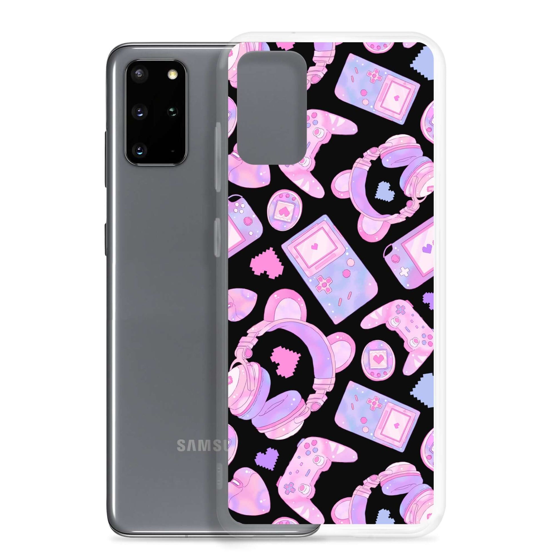 Gamer Girl Samsung® Clear Case features a cute design with gaming accessories, perfect for stylish protection.