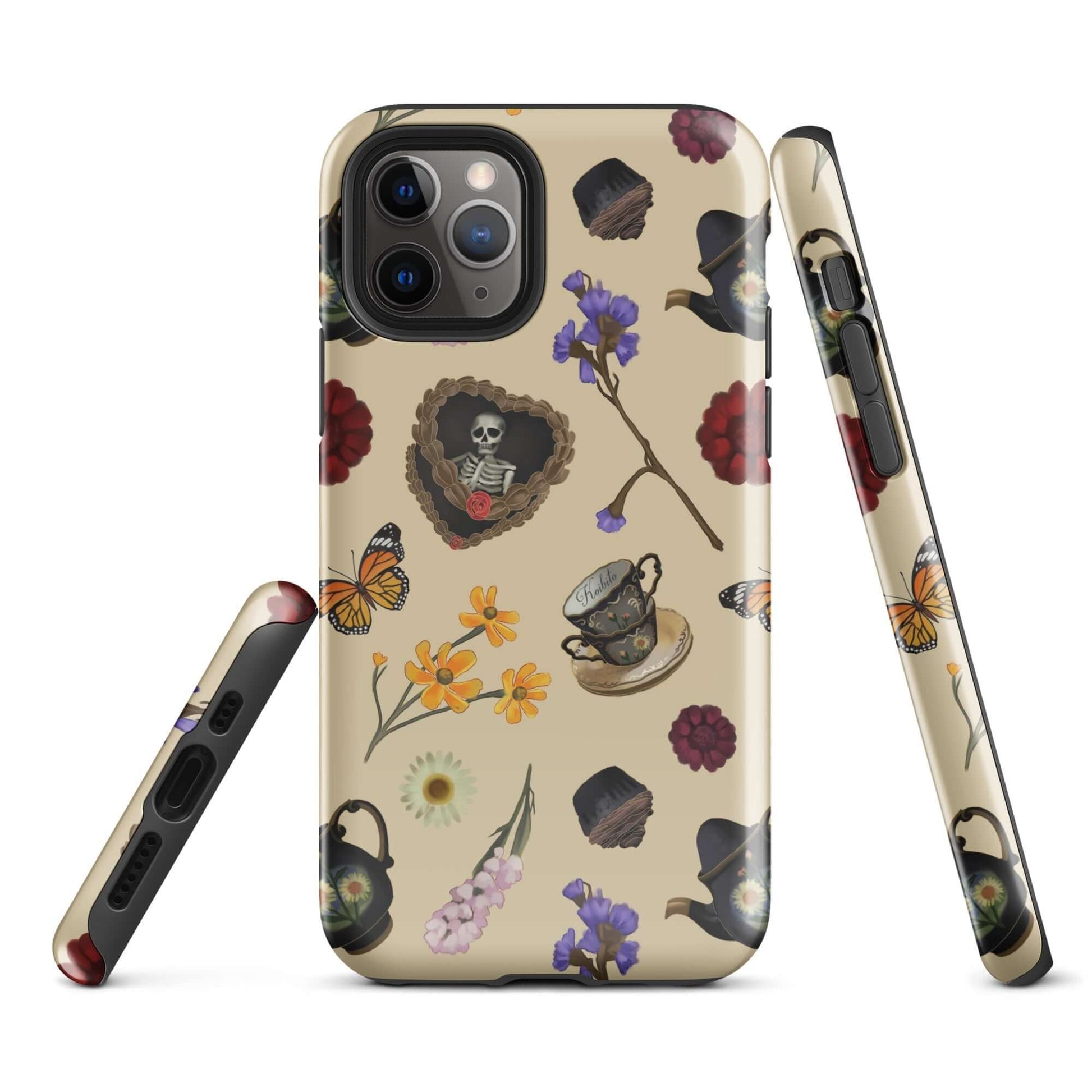 Stylish Gothic Tea Time iPhone® Tough Case with floral and skeleton designs, offering durability and protection.