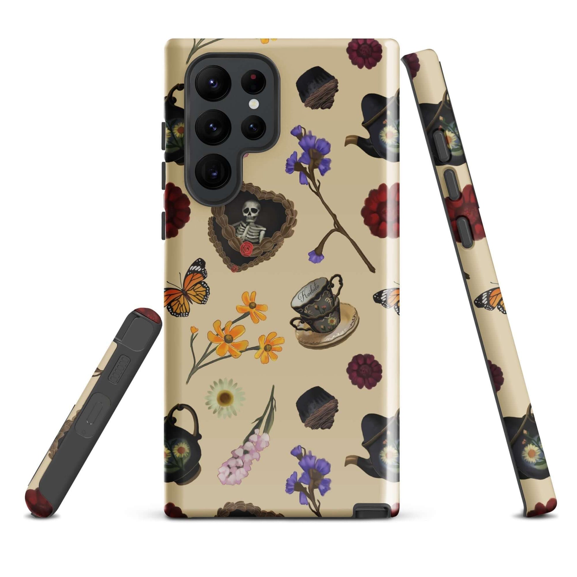 Gothic Tea Time Samsung® Tough Case features a stylish design with floral and skull motifs, ensuring durable phone protection.