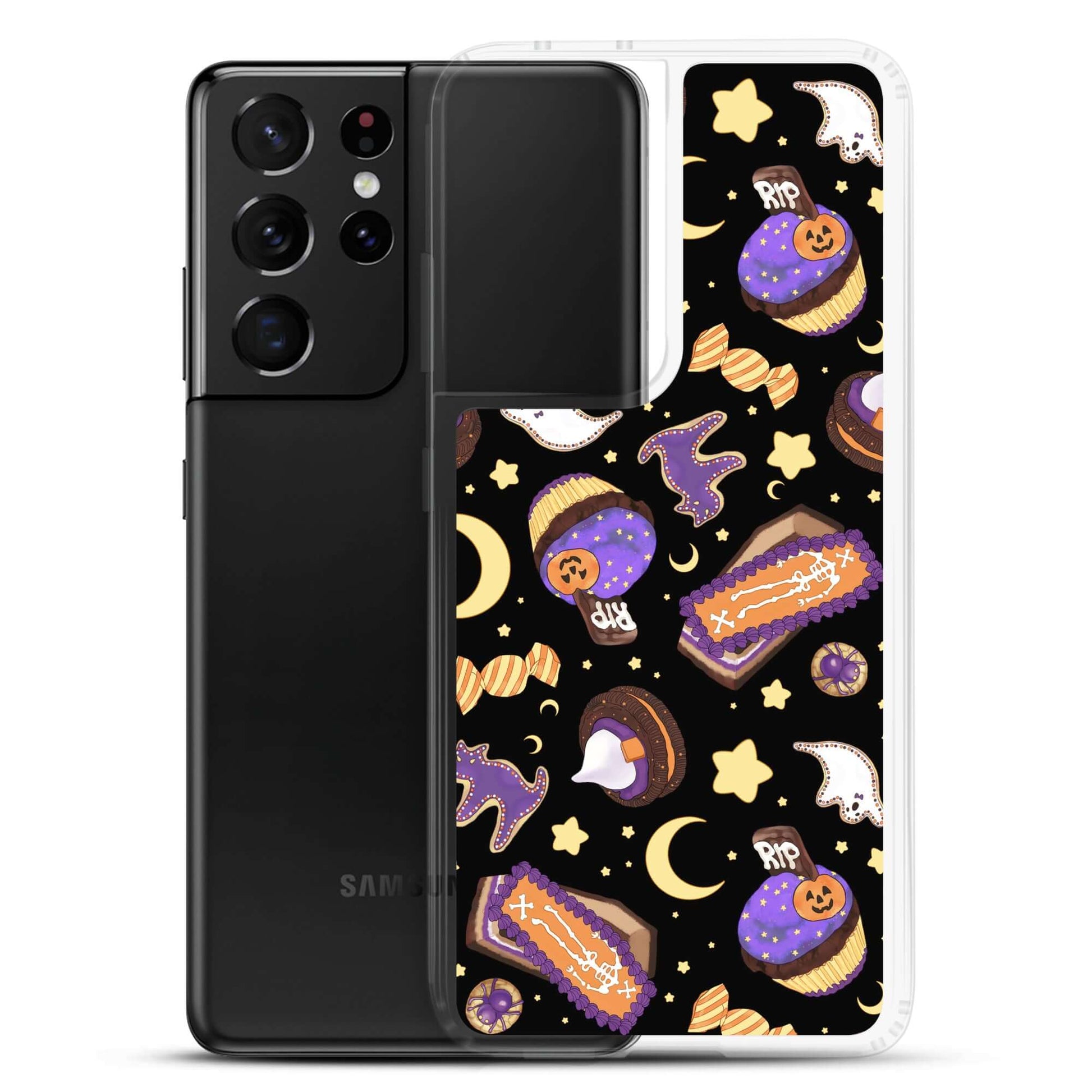 Sleek Halloween Treat Samsung® Clear Case featuring colorful spooky designs, perfect for protecting your phone in style.