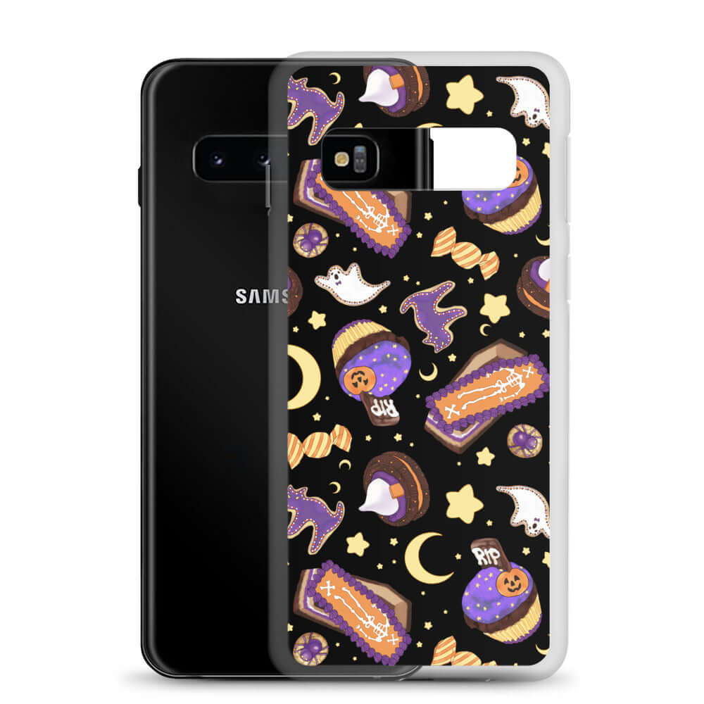 Sleek Halloween Treat Samsung® Clear Case featuring fun Halloween designs, perfect for protecting your phone in style.