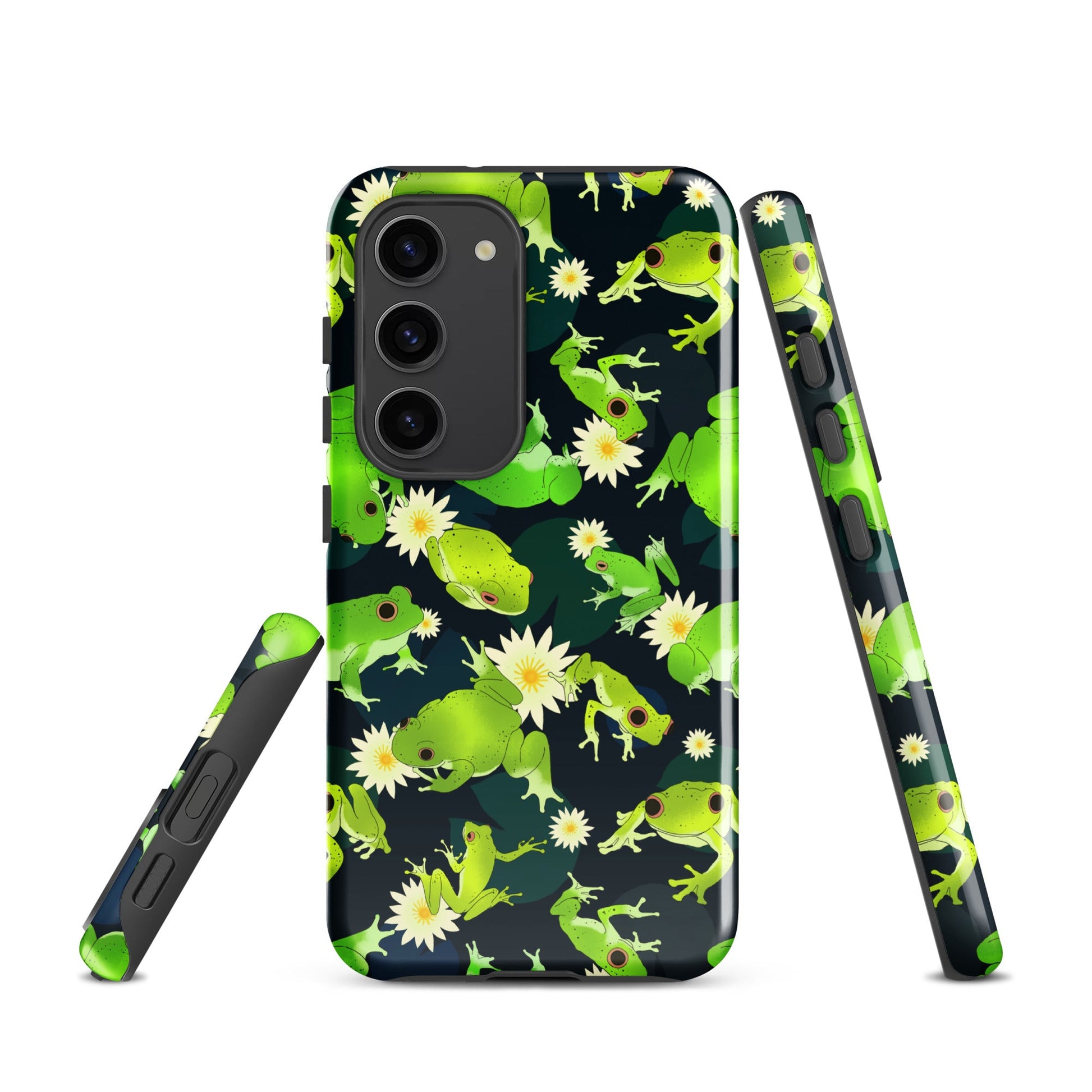 Colorful Kero-kero Samsung® Tough Case features vibrant frogs, providing durability and stylish protection for your phone.