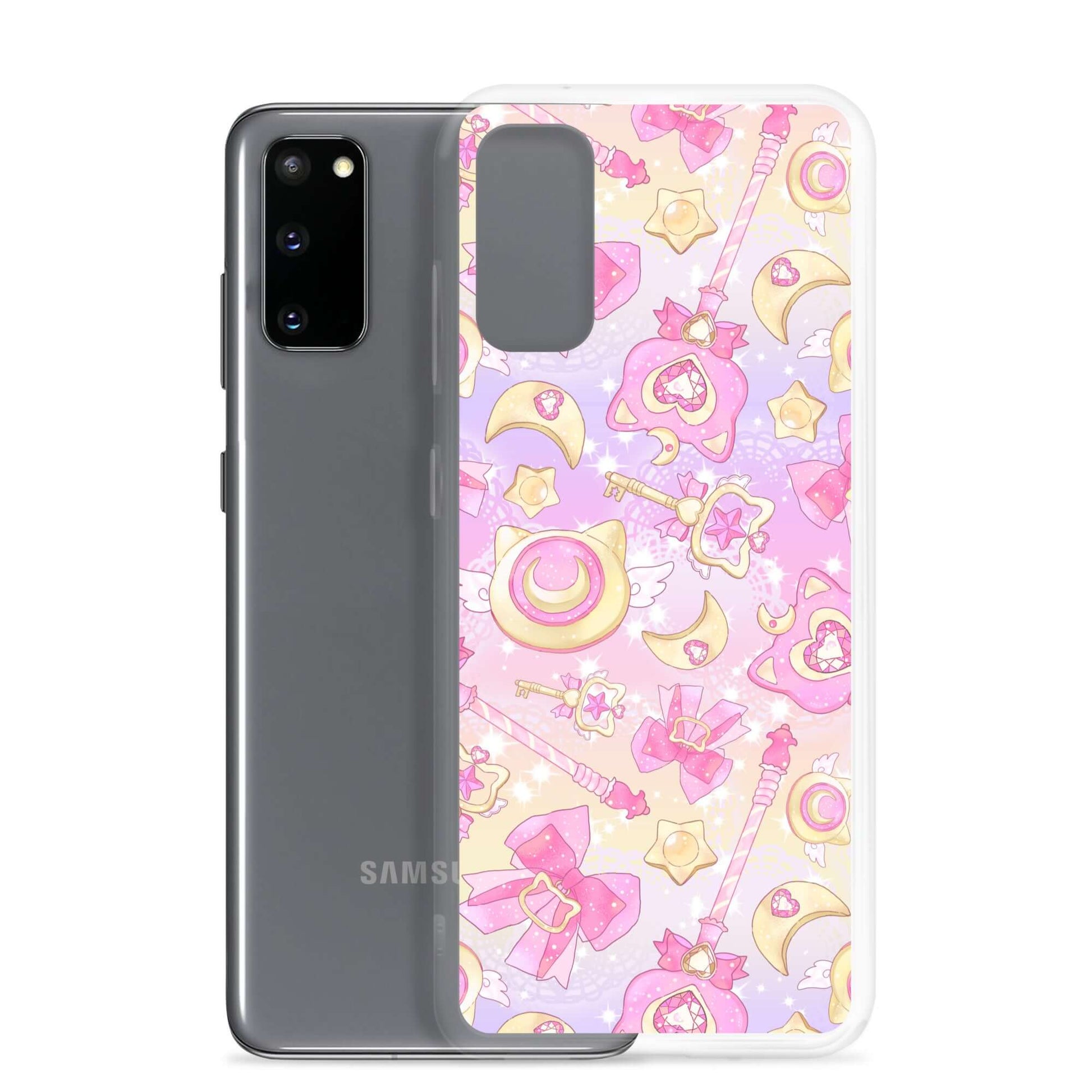 Sleek Magical Girl Samsung® Clear Case featuring vibrant magical icons, perfect for protecting your phone stylishly.