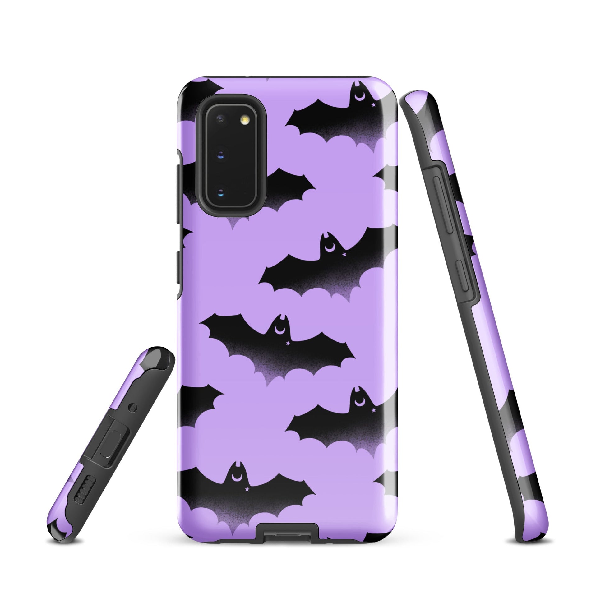 Morrigan Samsung® Tough Case features stylish bats on purple, offering durable protection for your phone.