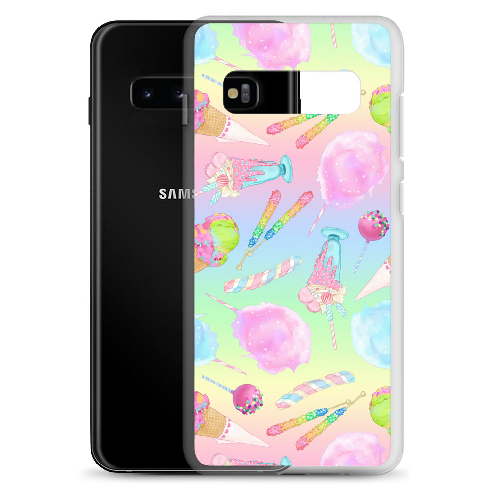 Colorful Rainbow Candy Samsung® Clear Case featuring sweet treats and pastel designs, perfect for summer styles.