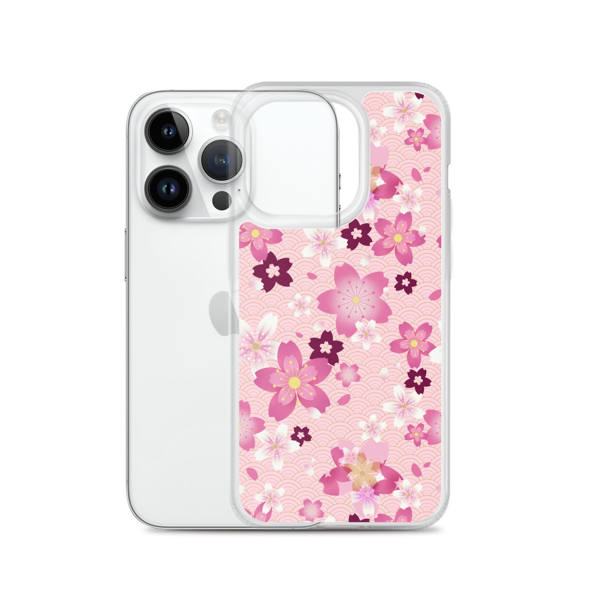 Sakura iPhone® Clear Case featuring a floral design, offering protection from scratches and easy access to ports.