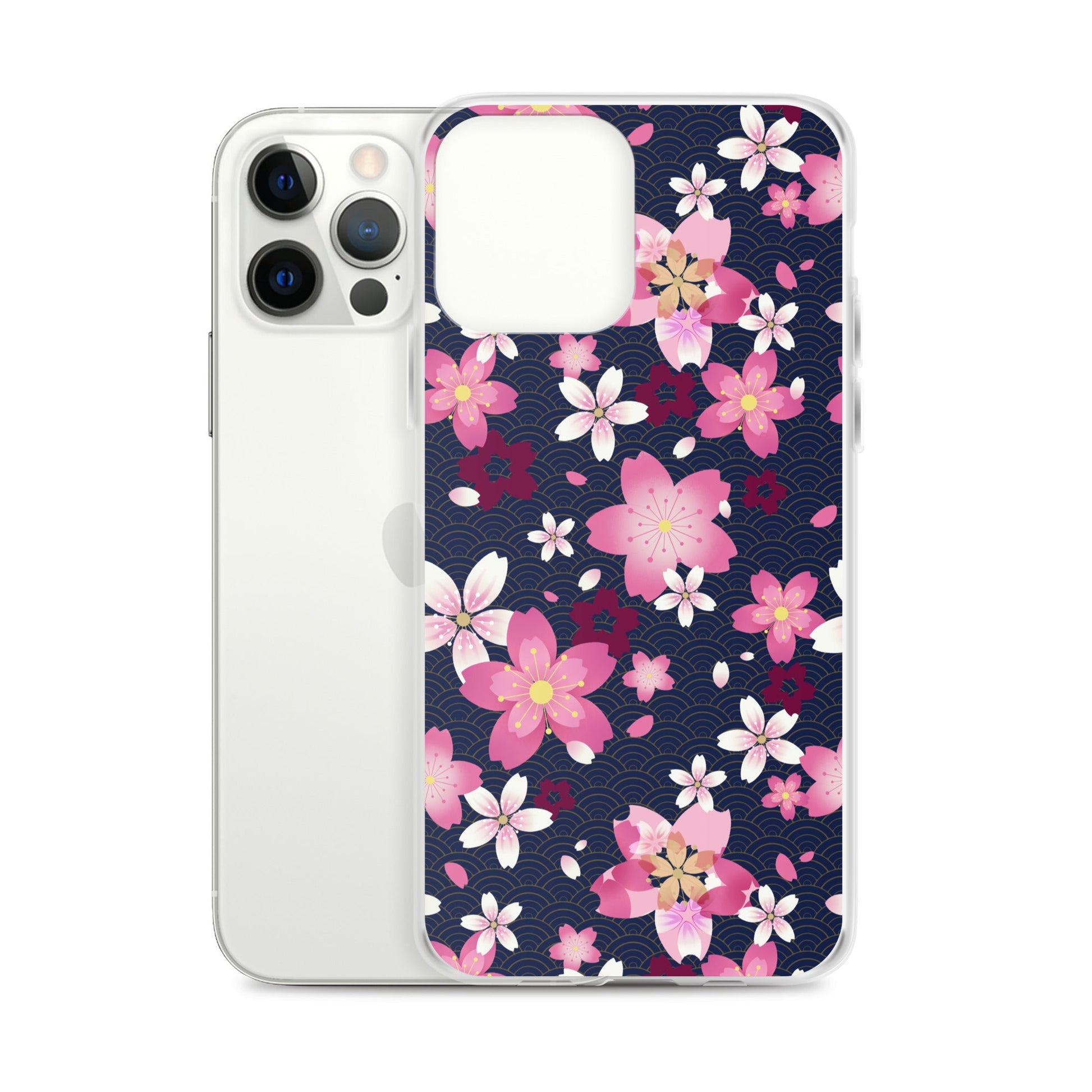 Sakura iPhone® Clear Case featuring a floral design, offering protection from scratches and easy access to ports.