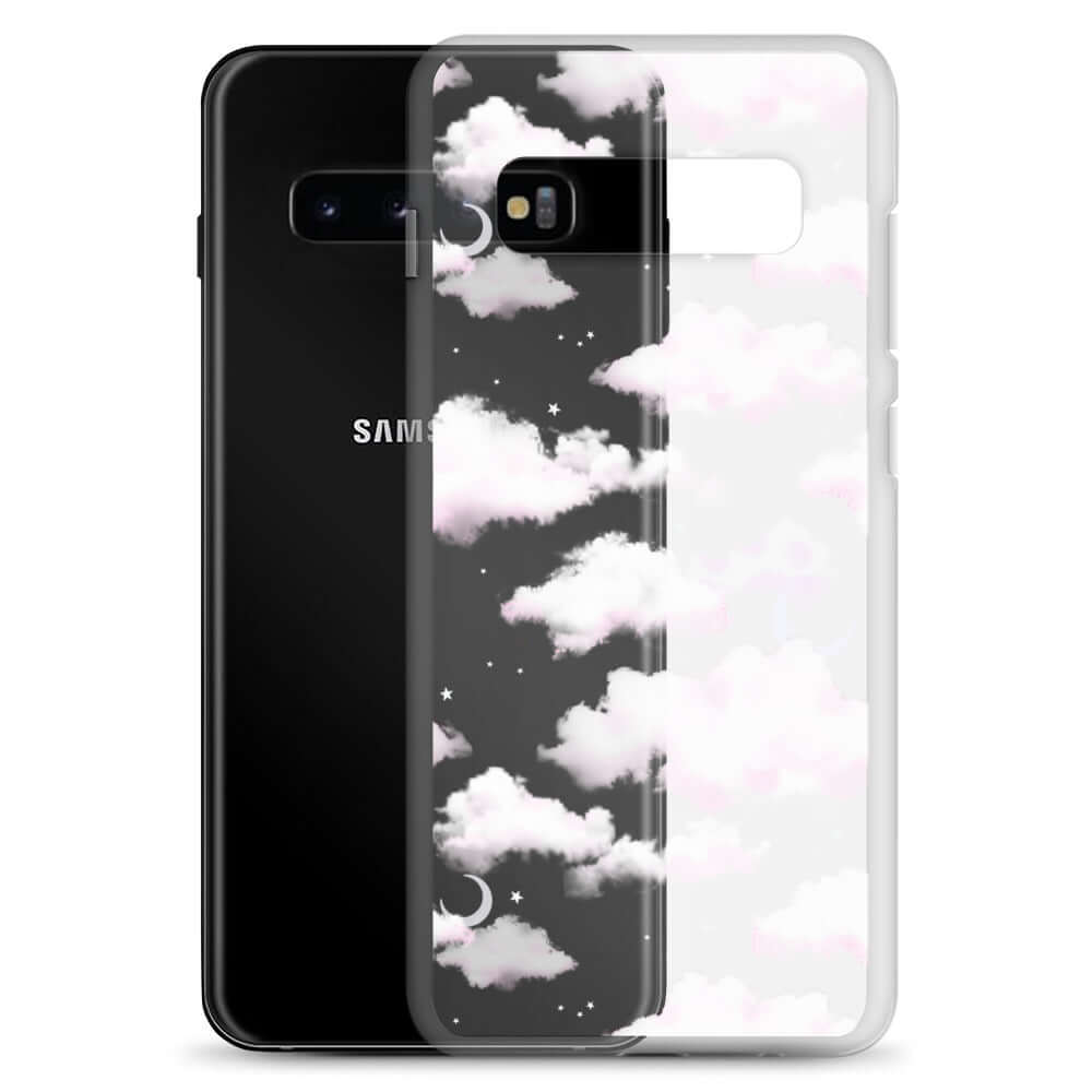 Sleek Cloudy Sky Samsung® Clear Case showcased with dreamy cloud patterns, perfect for protecting your phone stylishly.