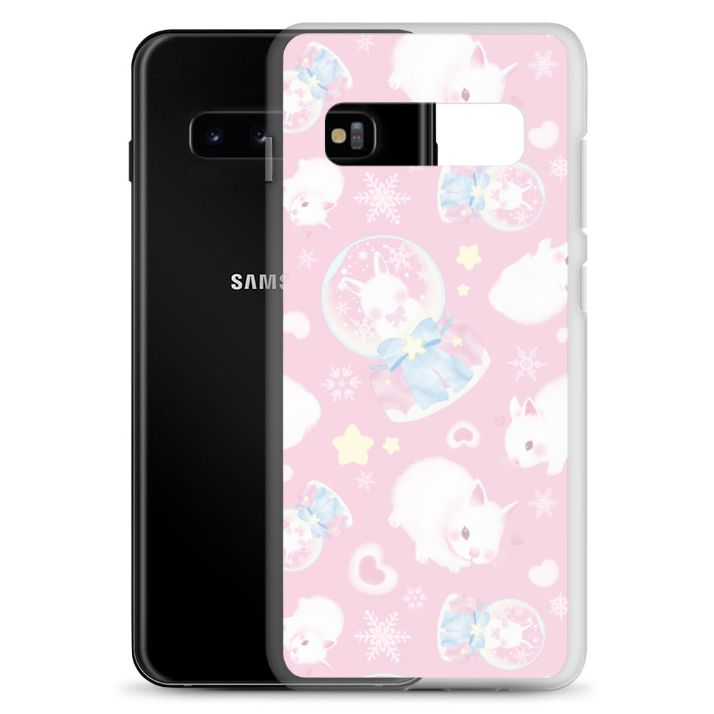 Snow Bunny Samsung® Clear Case showcases cute bunnies on a pastel pink background, perfect for stylish protection.