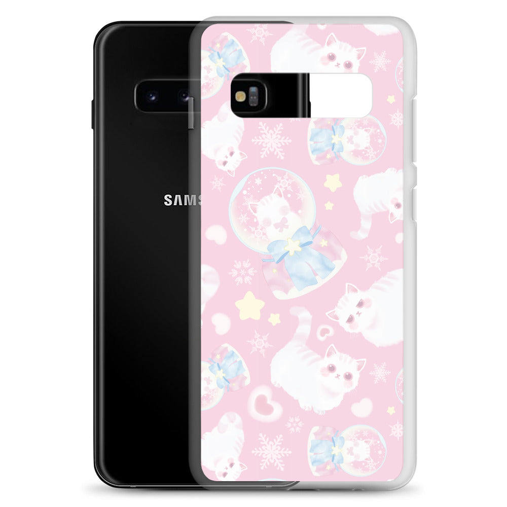 Snow Kitten Samsung® Clear Case features adorable kittens on a pastel pink background, perfect for any outfit.