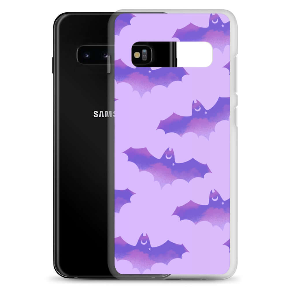 Sleek Morrigan Samsung® Clear Case featuring playful bats against a purple backdrop, perfect for sunny adventures.