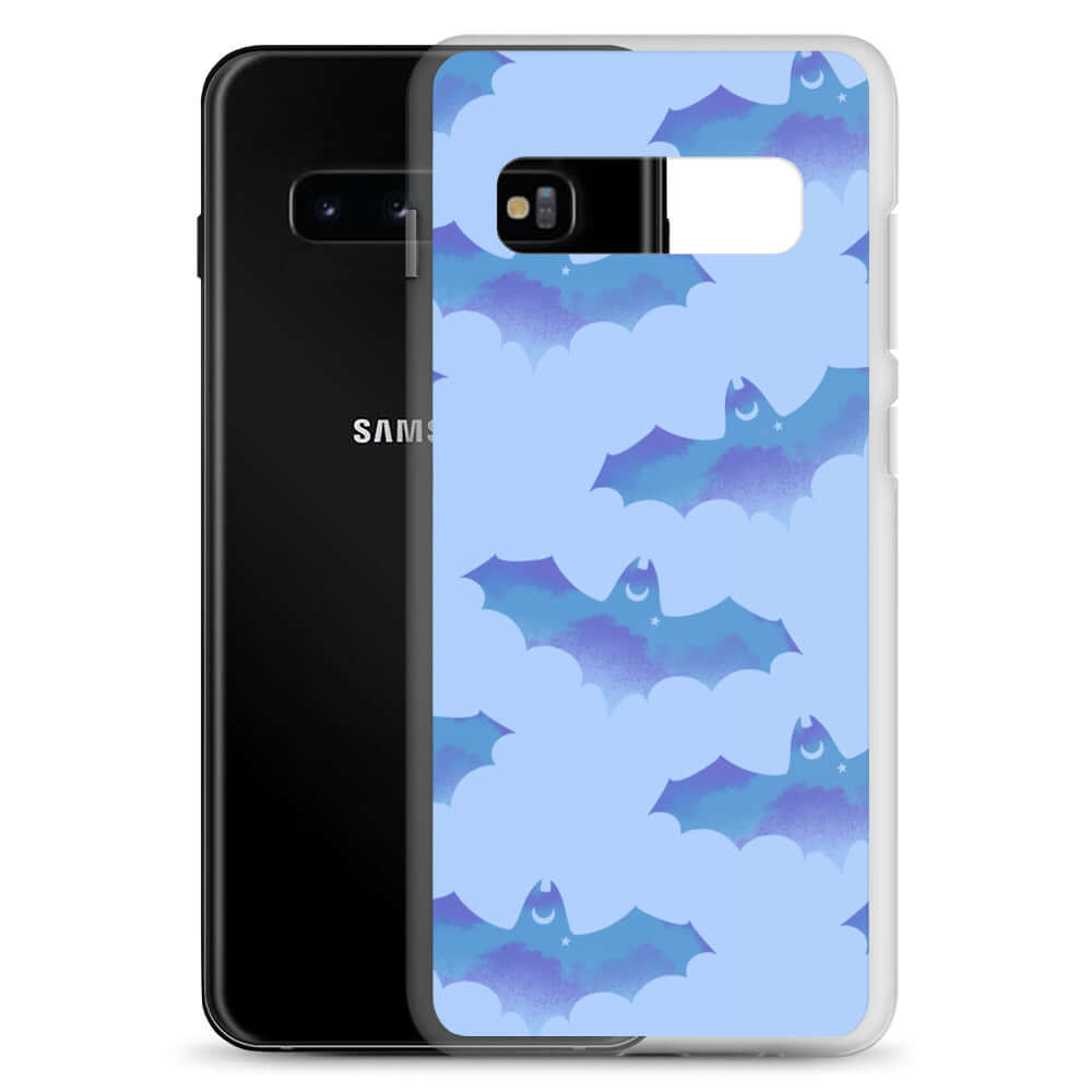 Lilith Samsung® Clear Case features playful bats on a blue background, protecting your phone stylishly and securely.