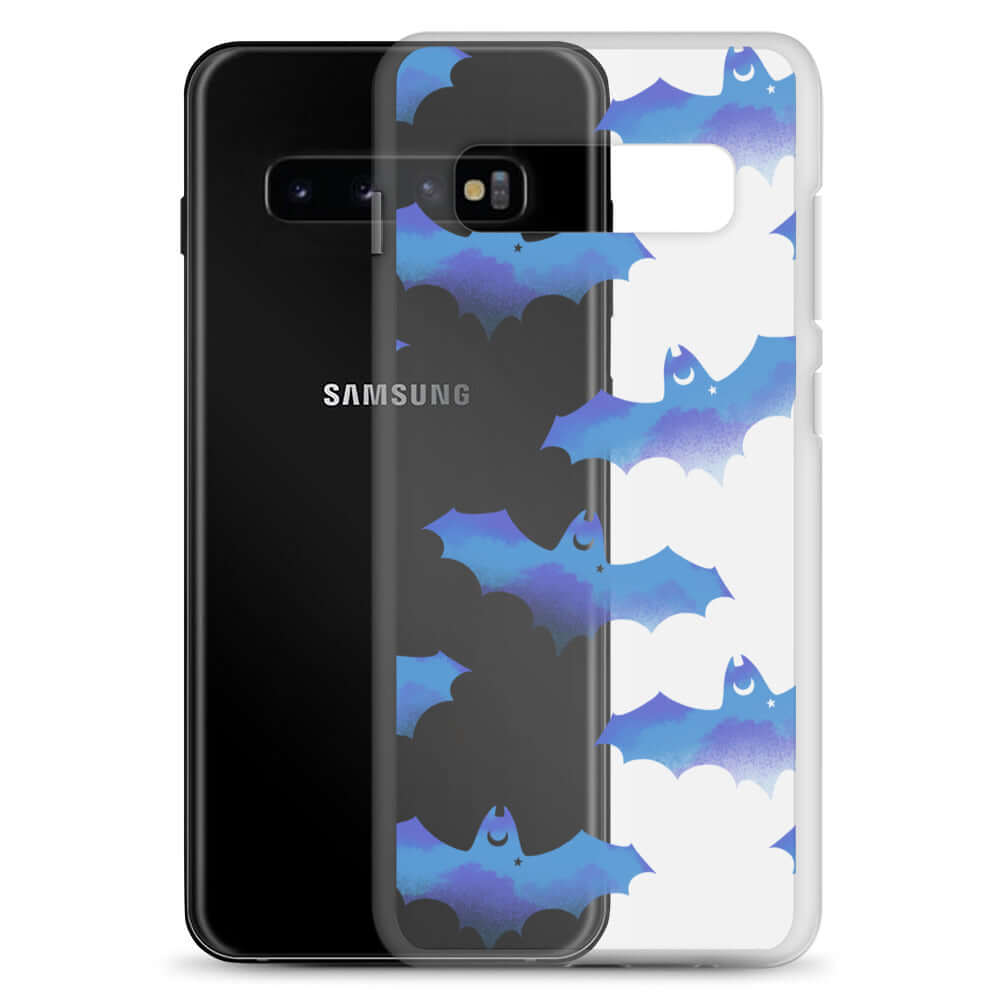 Stylish Lilith Samsung® Clear Case featuring playful bat designs, perfect for protecting your phone in any weather.