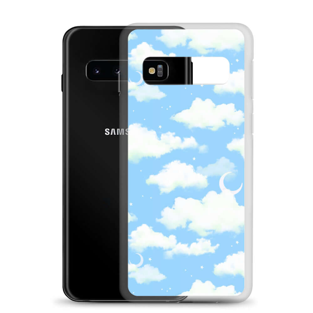Cloudy Sky Samsung® Clear Case displaying a dreamy blue sky design, perfect for protecting your Galaxy S10.