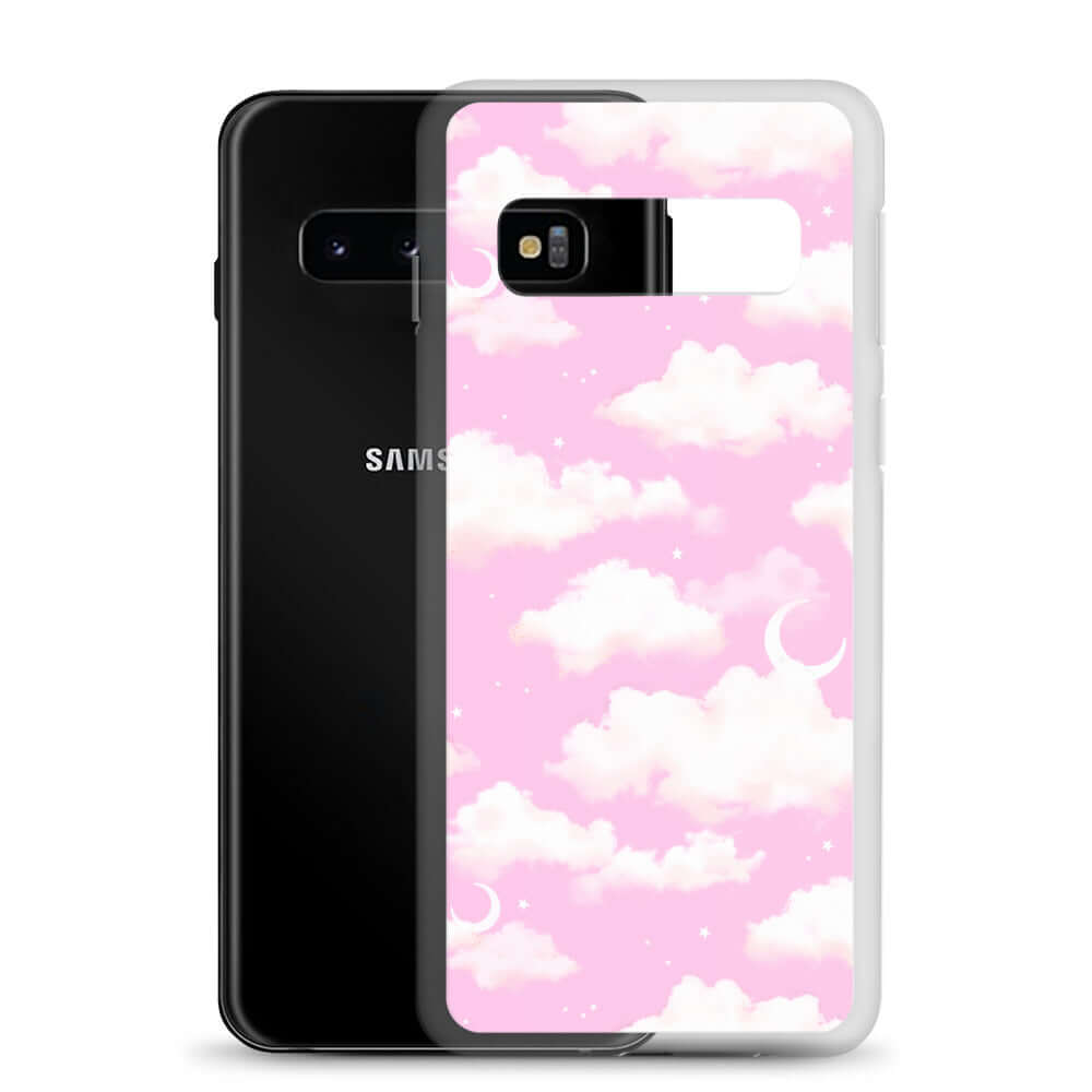 Cloudy Sky Samsung® Clear Case showcases a dreamy pink cloud design, perfect for protecting your phone stylishly.