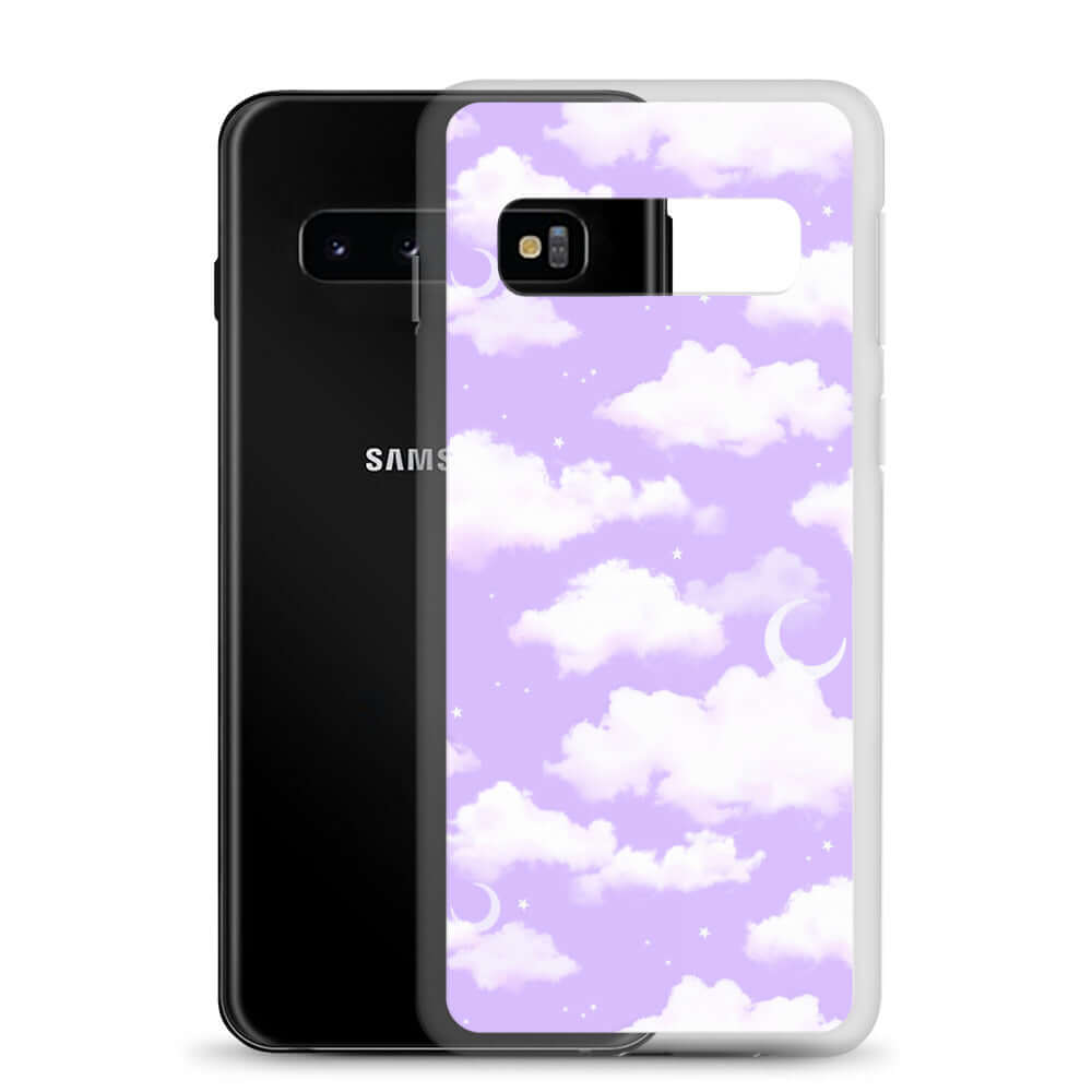 Stylish Cloudy Sky Samsung® Clear Case showcasing a dreamy purple cloud design, perfect for protecting your phone.