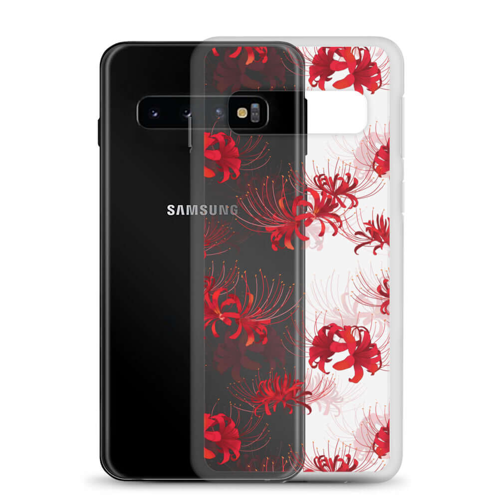 Stylish Higanbana Samsung® Clear Case showcasing vibrant floral design, perfect for protecting your device with flair.