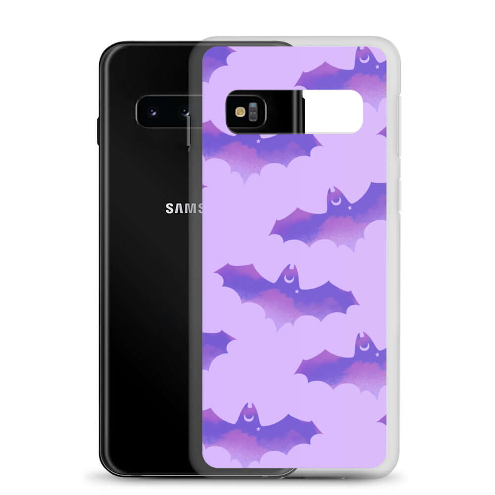 Morrigan Samsung® Clear Case featuring adorable bats, perfect for protecting your phone stylishly from dust and scratches.