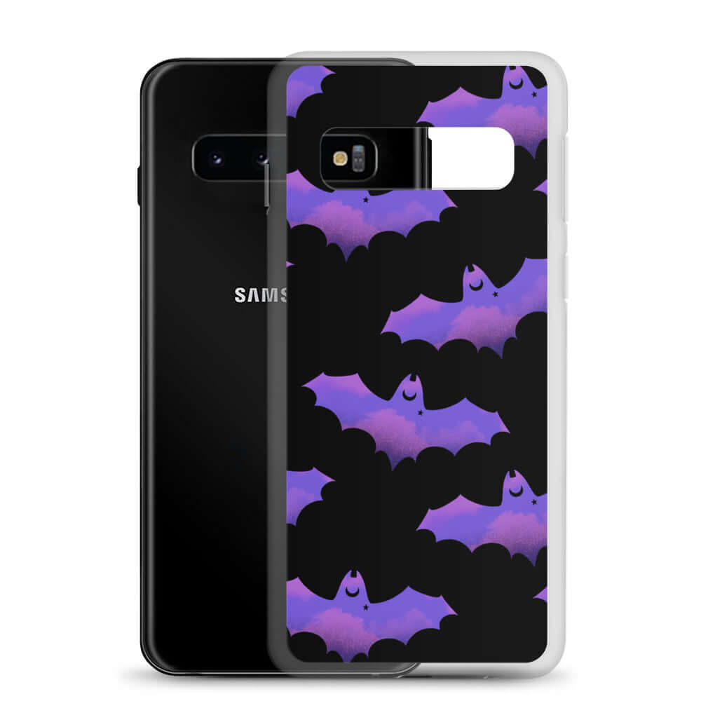 Stylish Morrigan Samsung® Clear Case featuring playful bats, perfect for protecting your Galaxy S10 in any weather.