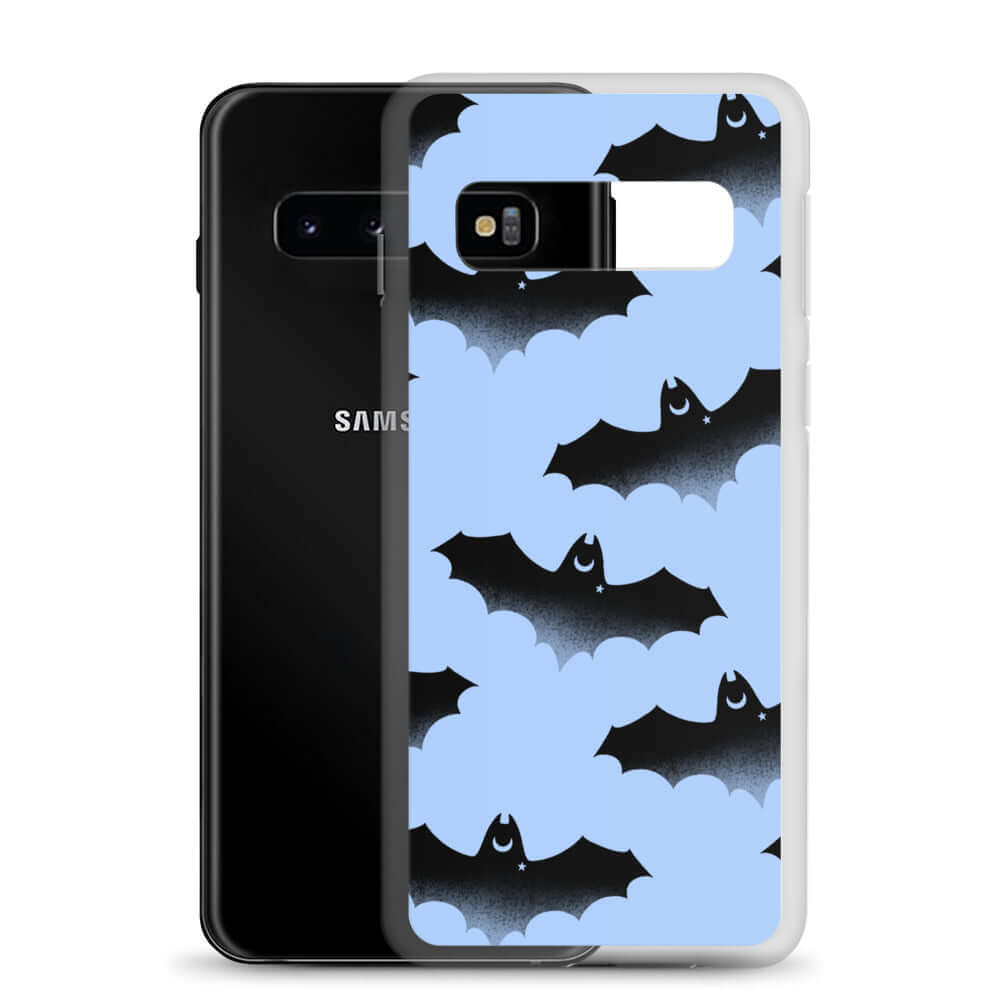 Stylish Lilith Samsung® Clear Case featuring playful bats against a blue background, perfect for protection and flair.