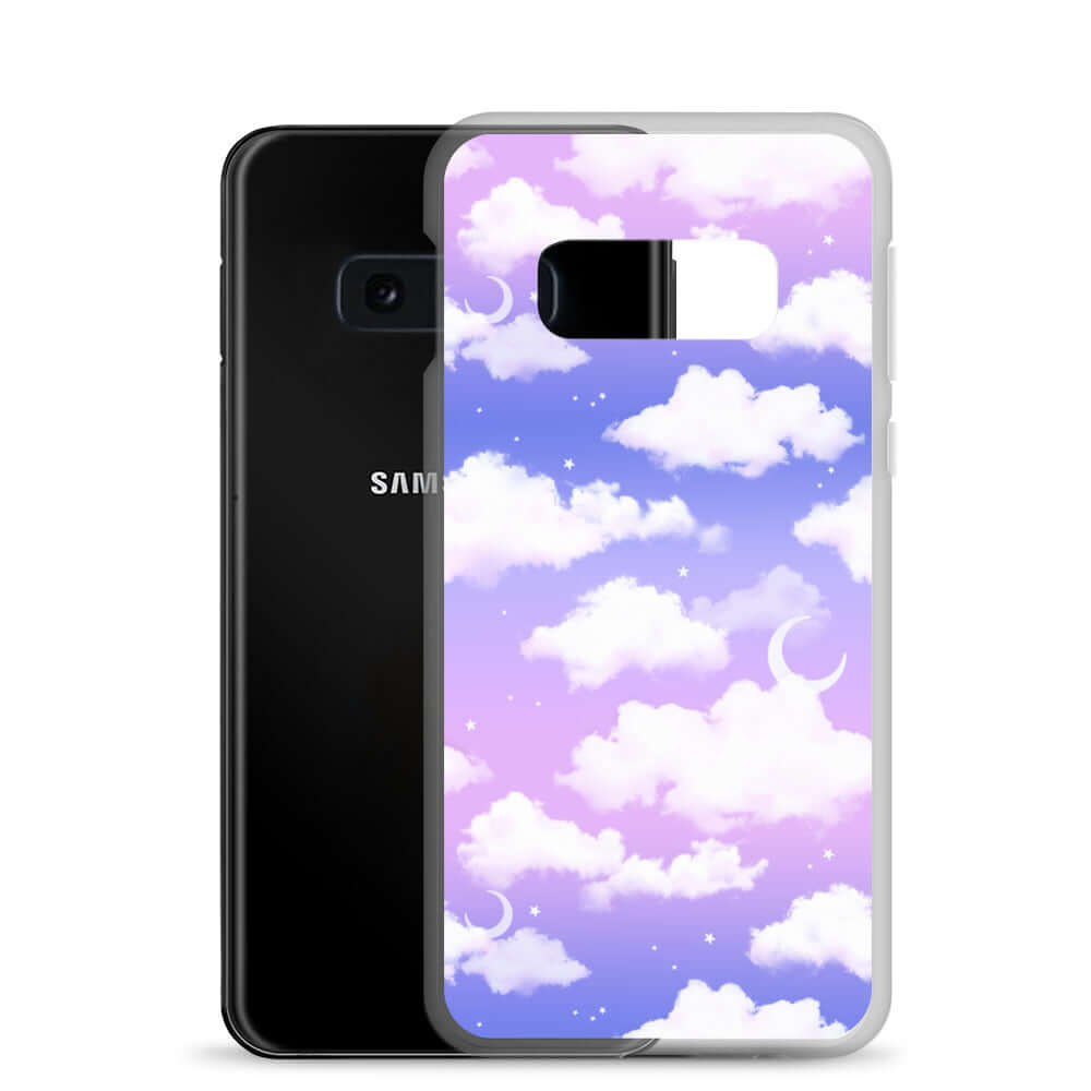 Dreamy Cloudy Sky Samsung® Clear Case with a purple gradient design, perfect for protecting your phone stylishly.