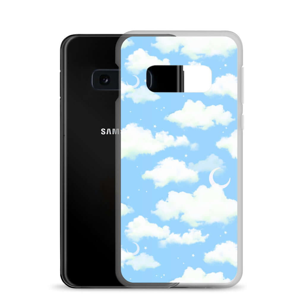 Stylish Cloudy Sky Samsung® Clear Case displays a dreamy blue sky design, protecting your phone from daily wear.
