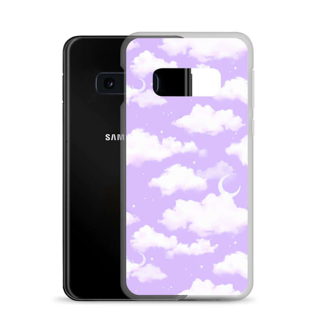 Dreamy Cloudy Sky Samsung® Clear Case with ethereal purple clouds, perfect for protecting your phone in style.