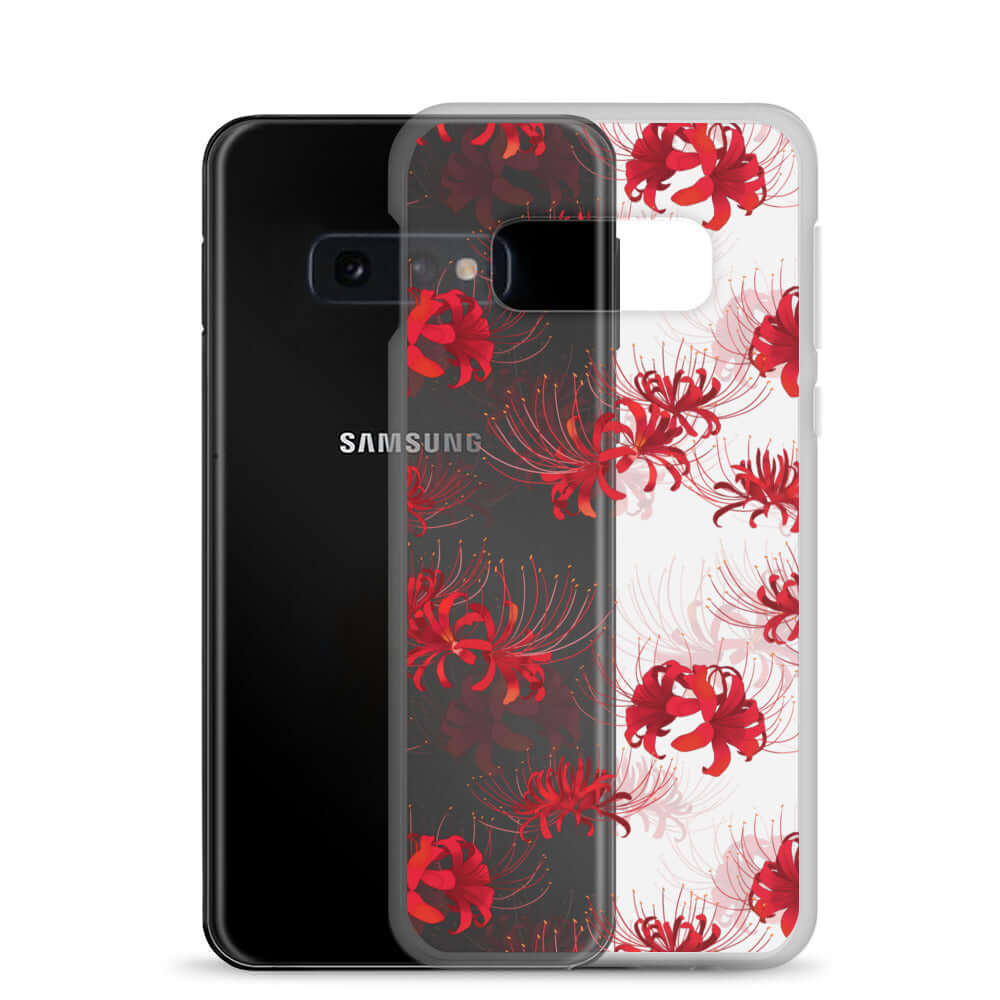 Stylish Higanbana Samsung® Clear Case showcasing vibrant floral design, protecting your phone in elegance.