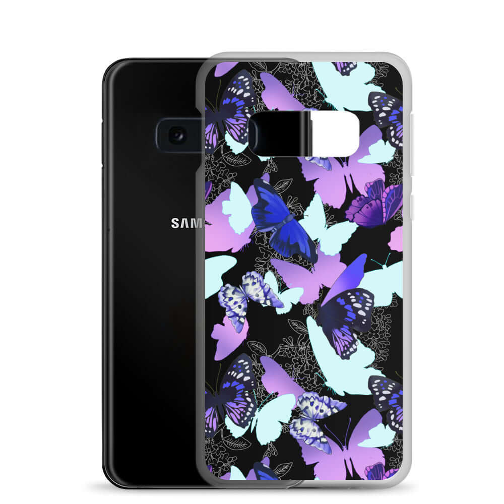 Stylish Butterfly Samsung® Clear Case featuring vibrant butterfly prints, perfect for personalizing your phone.