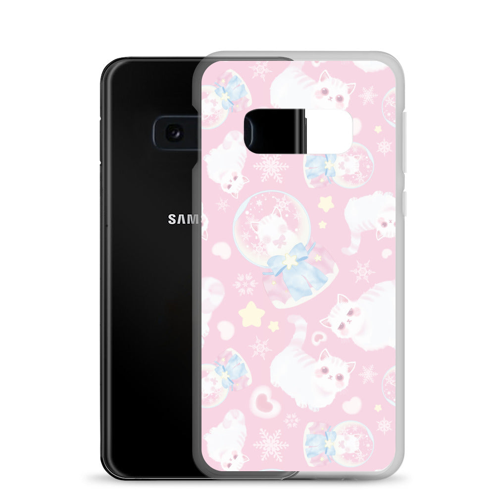 Stylish Snow Kitten Samsung® Clear Case features playful kittens on a pastel pink background for a cute, protective look.