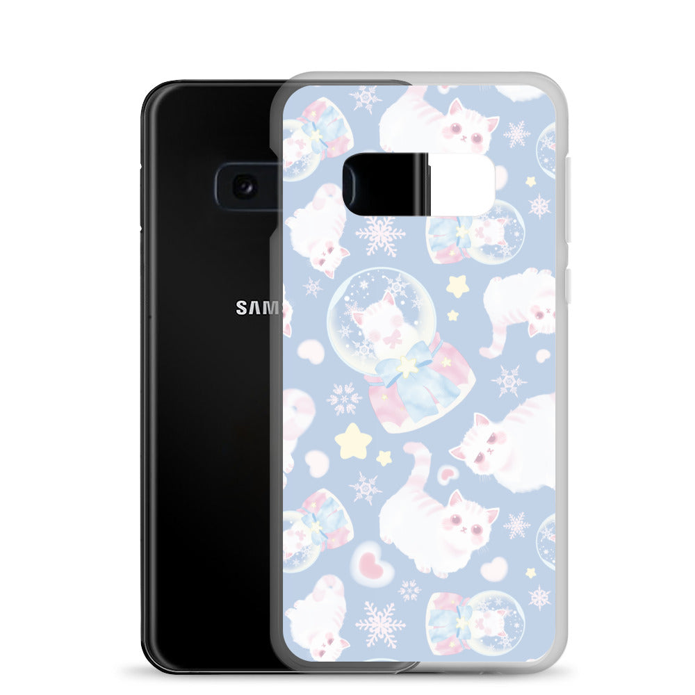 Showcasing the Snow Kitten Samsung® Clear Case, featuring adorable kittens on a pastel blue background.