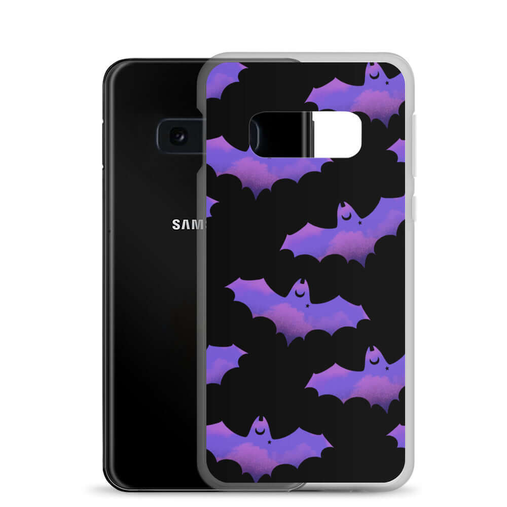 Protect your phone in style with the Morrigan Samsung® Clear Case featuring a playful bat design. Perfect for sunny days!
